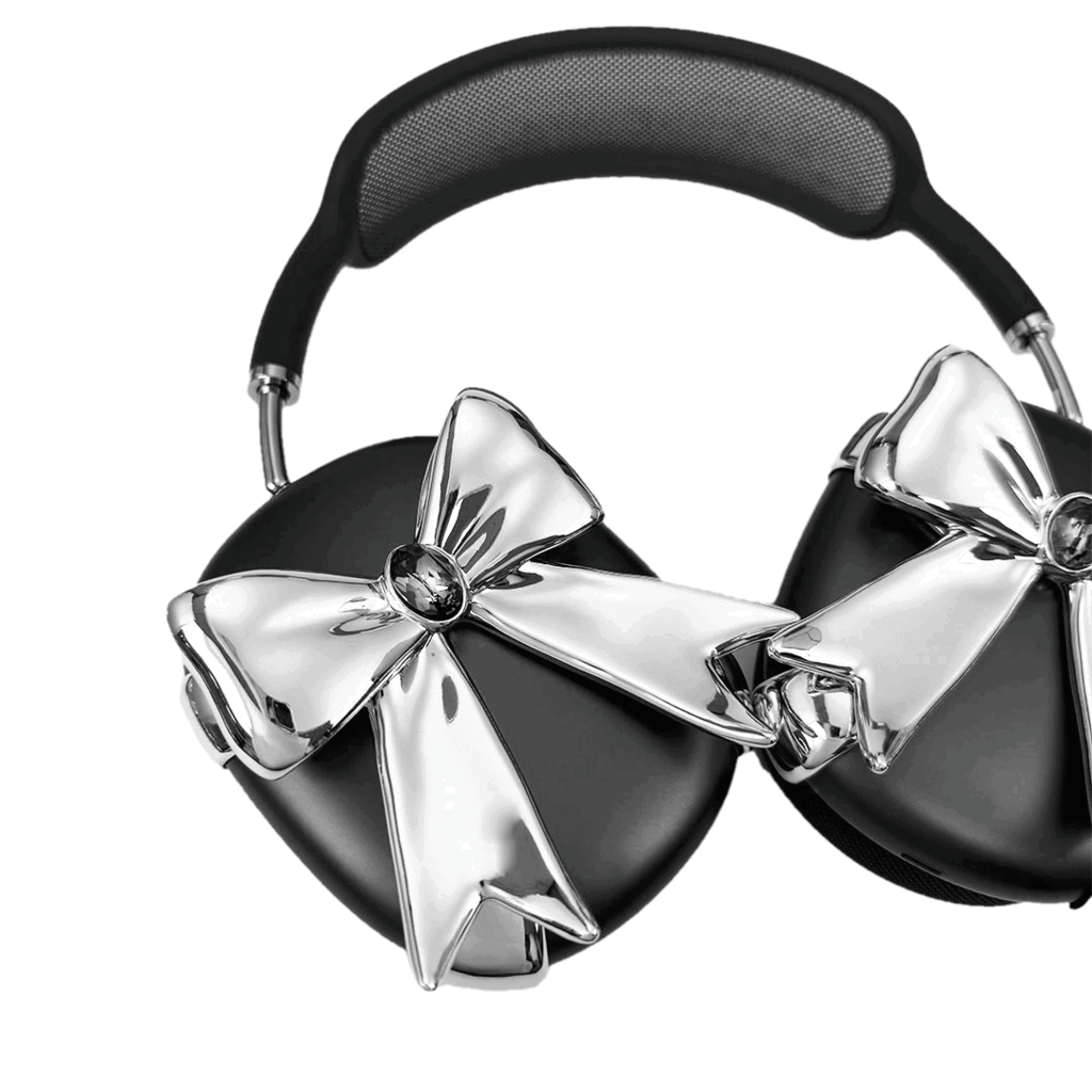 Glossy lilac AirPods Max cover with sculptural silver ribbon and gem detail – futuristic feminine tech accessory