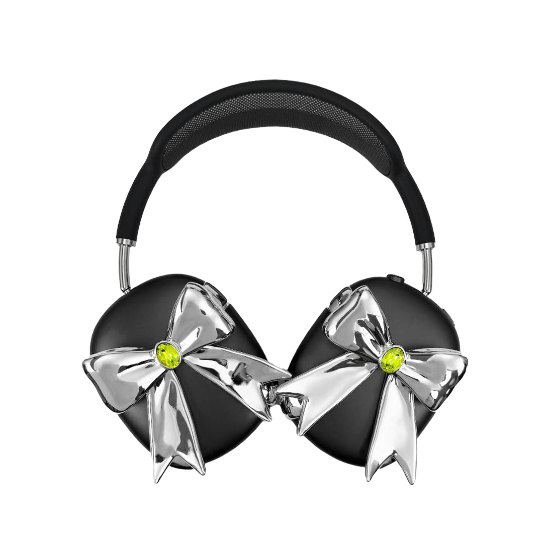 Glossy lilac AirPods Max cover with sculptural silver ribbon and gem detail – futuristic feminine tech accessory