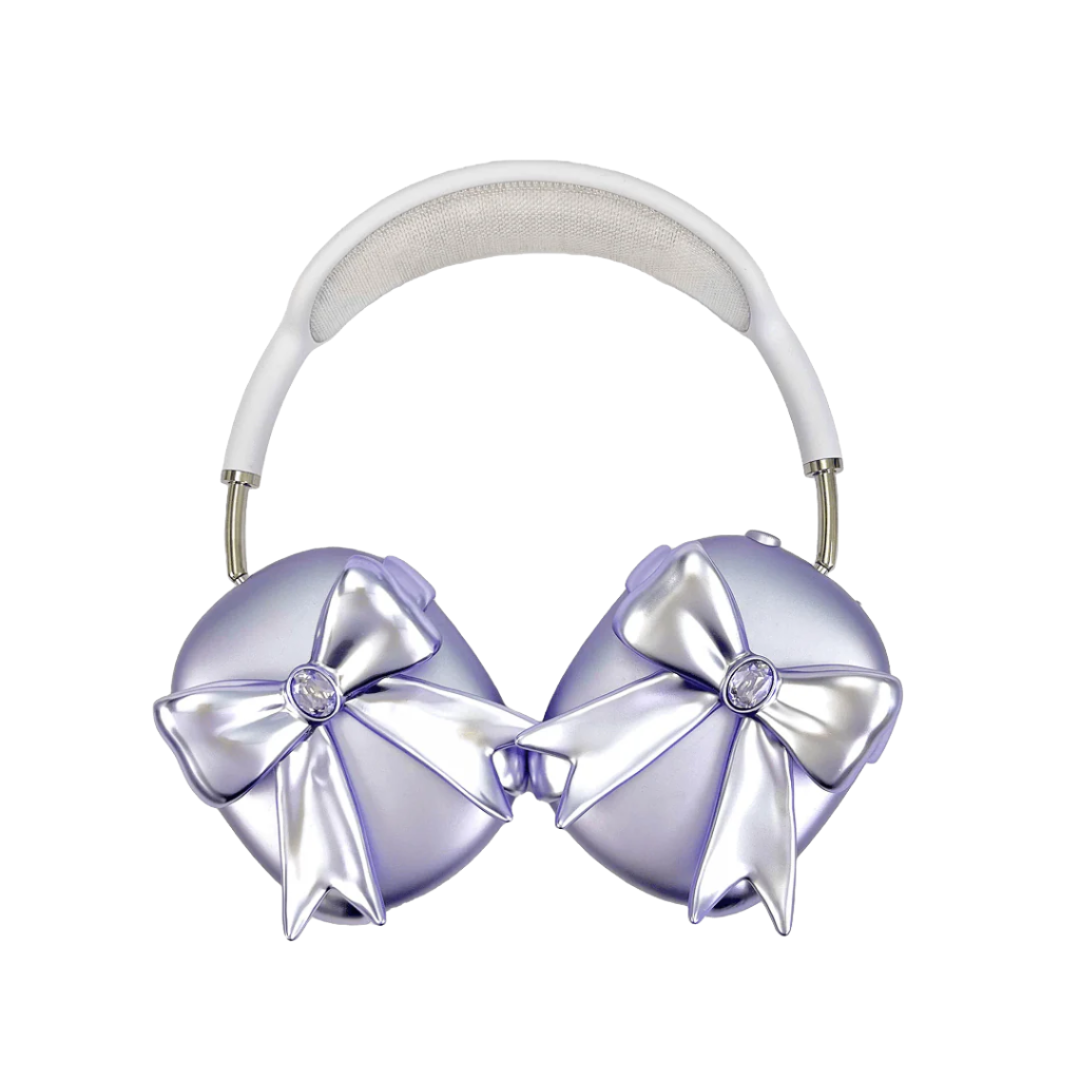 Glossy lilac AirPods Max cover with sculptural silver ribbon and gem detail – futuristic feminine tech accessory