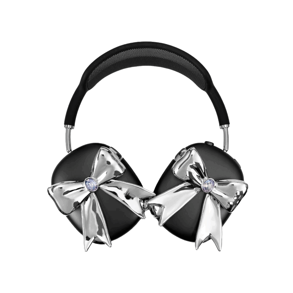Glossy lilac AirPods Max cover with sculptural silver ribbon and gem detail – futuristic feminine tech accessory