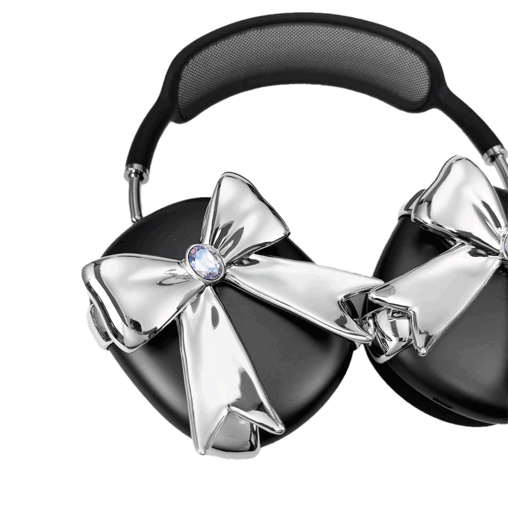 Glossy lilac AirPods Max cover with sculptural silver ribbon and gem detail – futuristic feminine tech accessory