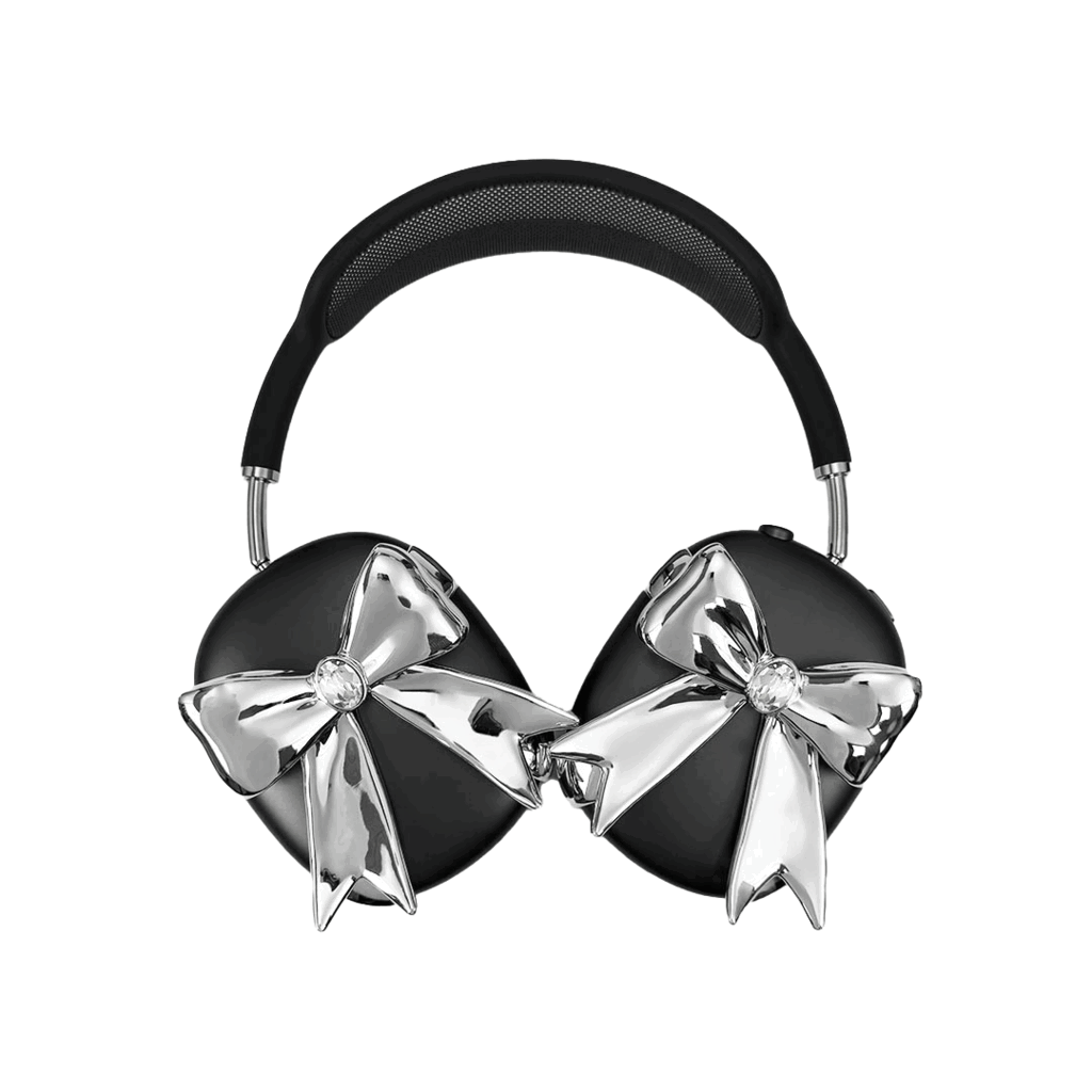 Glossy lilac AirPods Max cover with sculptural silver ribbon and gem detail – futuristic feminine tech accessory