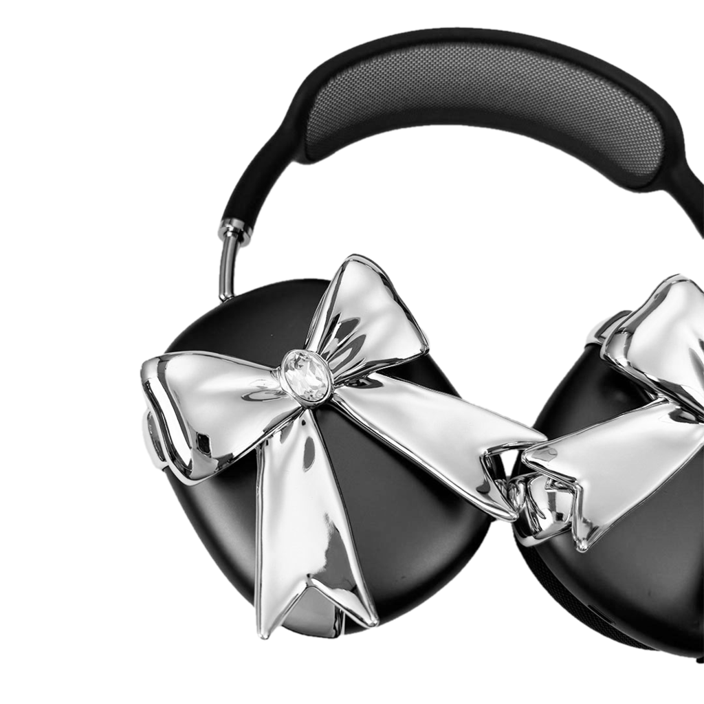 Glossy lilac AirPods Max cover with sculptural silver ribbon and gem detail – futuristic feminine tech accessory