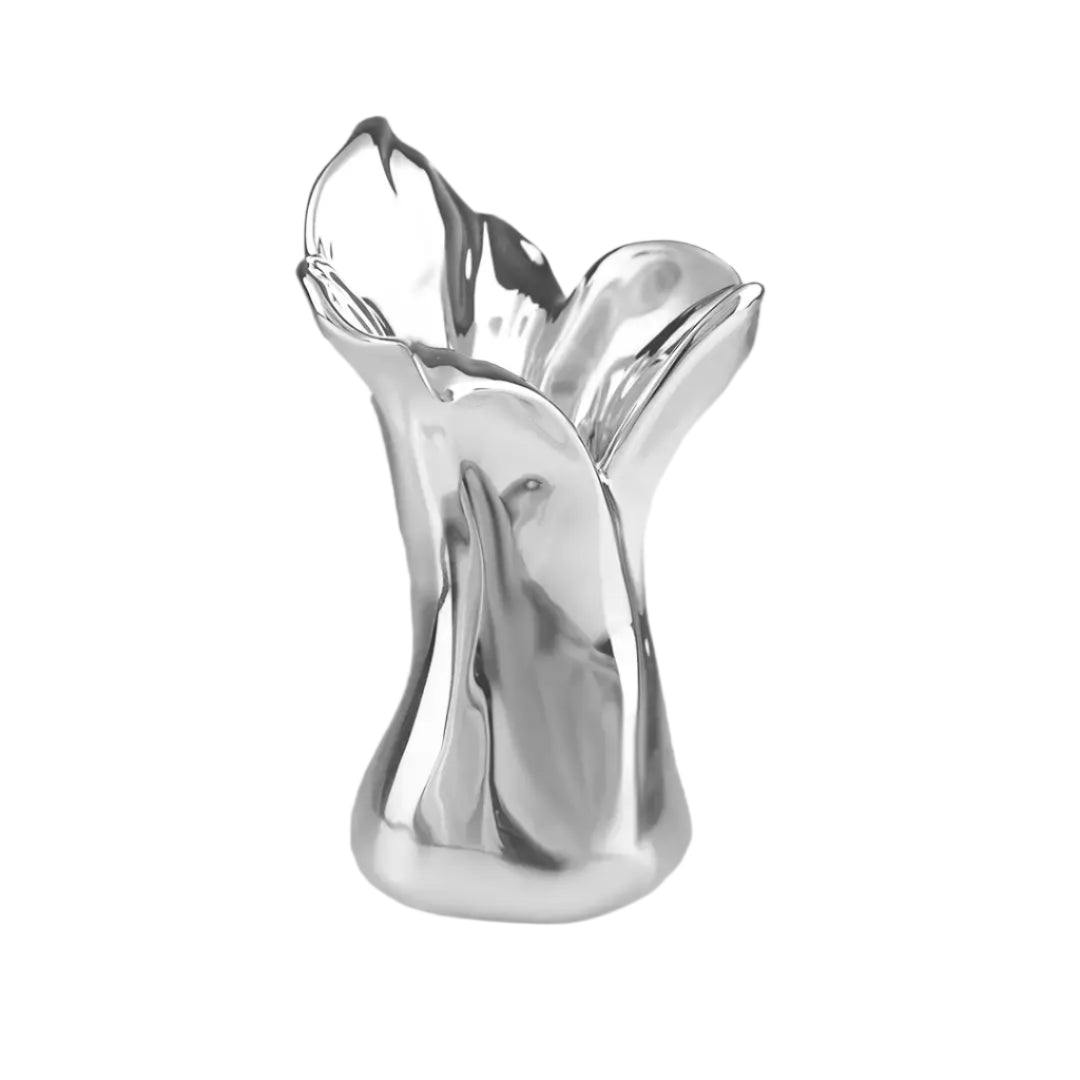 Futuristic chrome vase with flowing sculptural petal design – organic metallic form inspired by blooming lilies