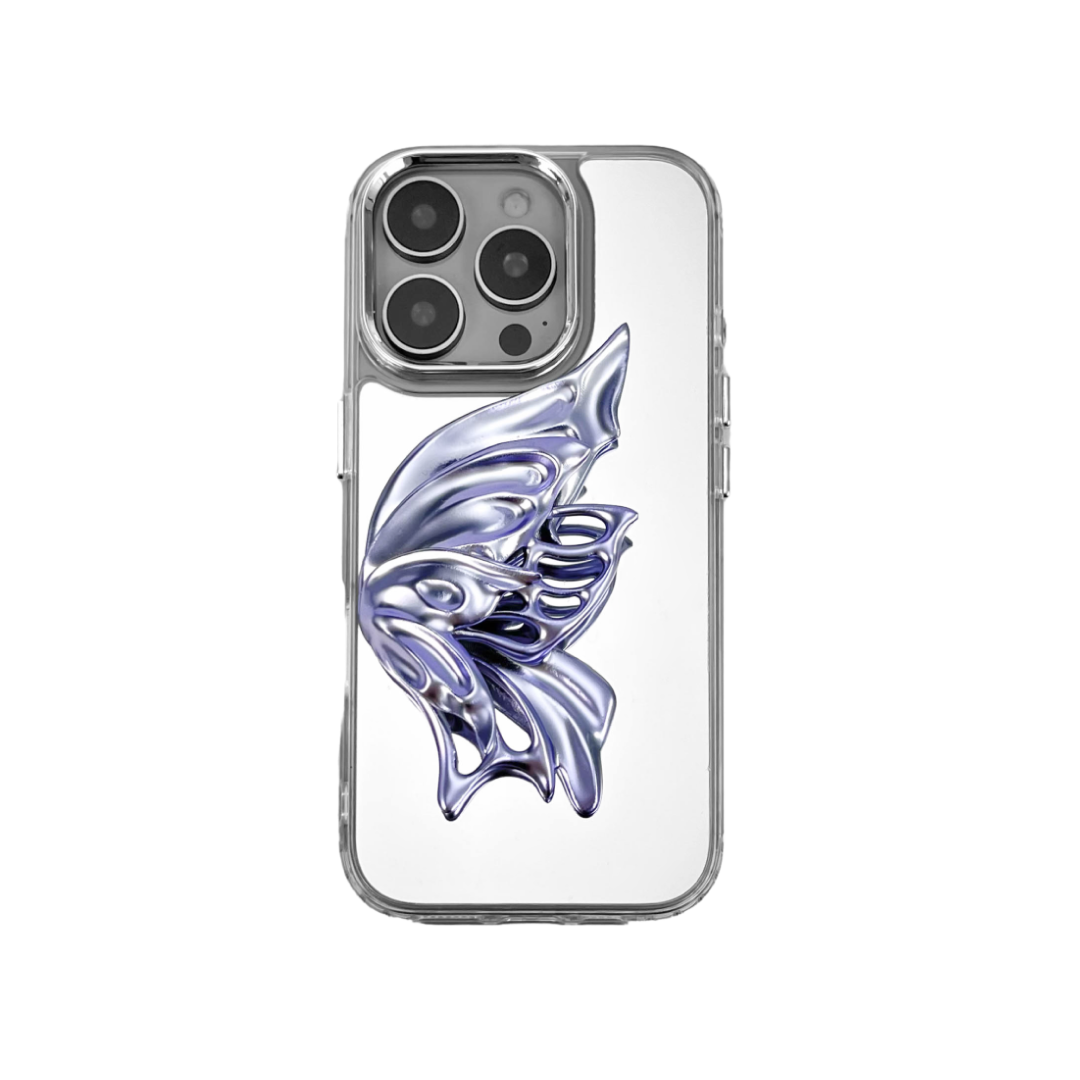 futuristic iphone case, sculptural butterfly design, chrome mirror finish, violet silver indigo, abstract 3D form, eco-friendly SLA, surreal elegance, Gen Z aesthetic, collectible tech accessory, XTENDED IDENTITY, iphone 14 15 16 compatible