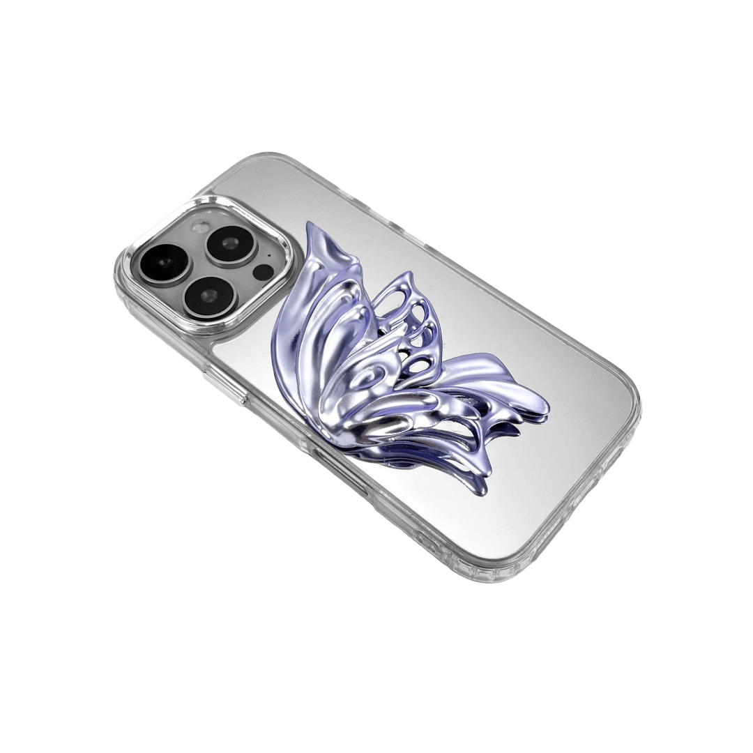 futuristic iphone case, sculptural butterfly design, chrome mirror finish, violet silver indigo, abstract 3D form, eco-friendly SLA, surreal elegance, Gen Z aesthetic, collectible tech accessory, XTENDED IDENTITY, iphone 14 15 16 compatible