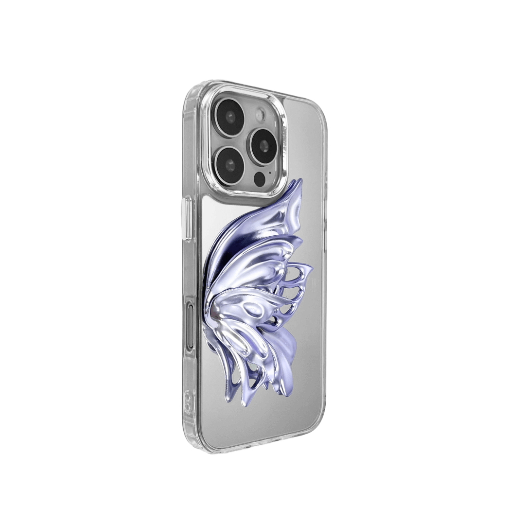 futuristic iphone case, sculptural butterfly design, chrome mirror finish, violet silver indigo, abstract 3D form, eco-friendly SLA, surreal elegance, Gen Z aesthetic, collectible tech accessory, XTENDED IDENTITY, iphone 14 15 16 compatible