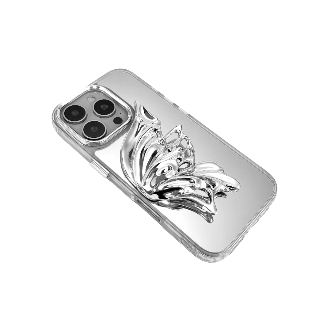 futuristic iphone case, sculptural butterfly design, chrome mirror finish, violet silver indigo, abstract 3D form, eco-friendly SLA, surreal elegance, Gen Z aesthetic, collectible tech accessory, XTENDED IDENTITY, iphone 14 15 16 compatible