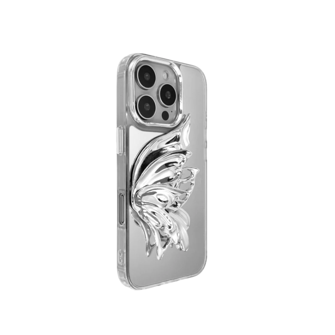 Reflective mirror iPhone case with a sculptural chrome wing in gradient purple – flowing and fluid 3D design inspired by iris petals