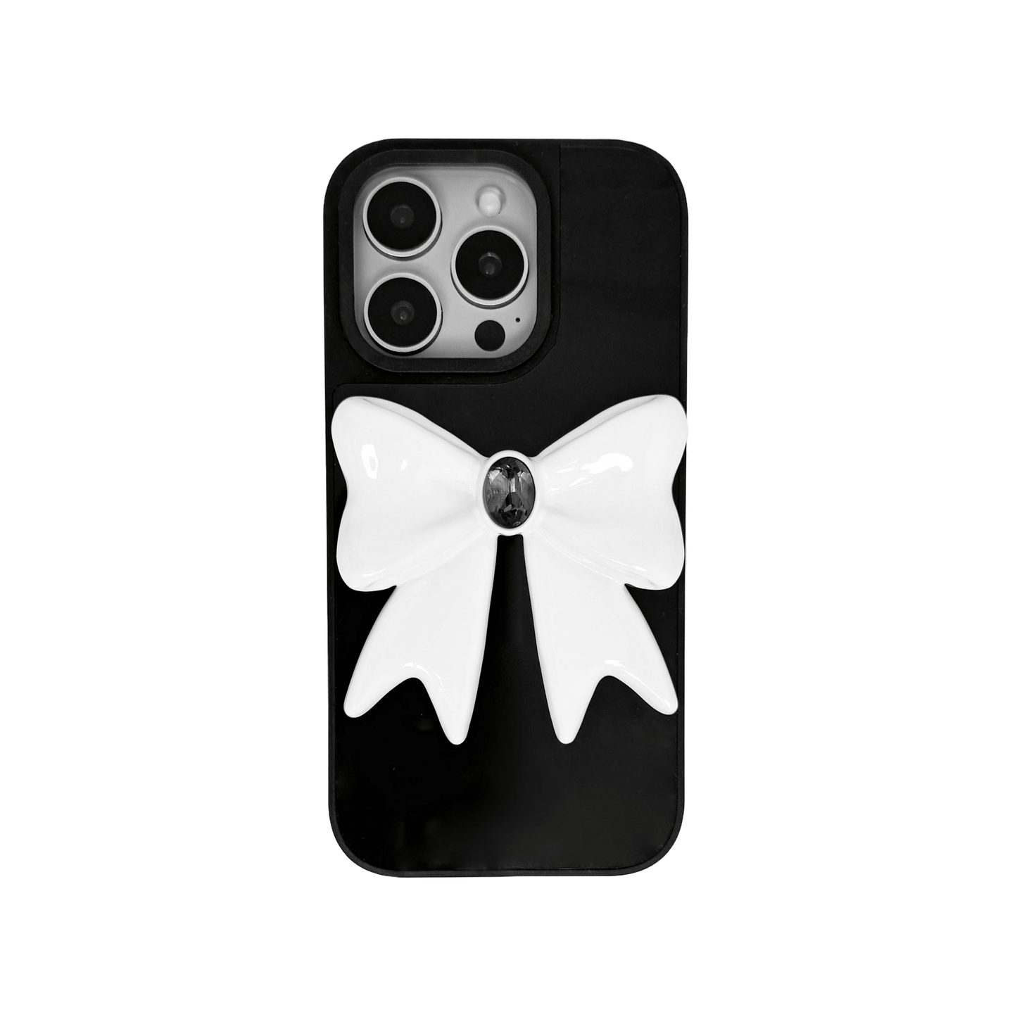 Ivory Gem Bow iPhone Case with glossy white 3D bow and Swarovski crystal centerpiece, available in black, white, or pink gem colors.