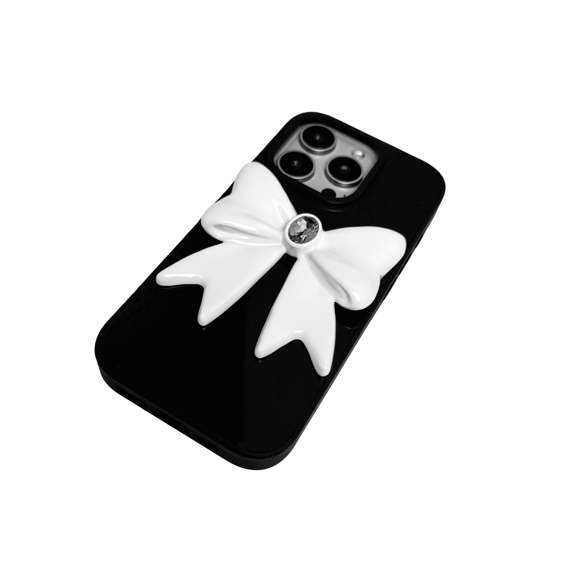 Ivory Gem Bow iPhone Case with glossy white 3D bow and Swarovski crystal centerpiece, available in black, white, or pink gem colors.