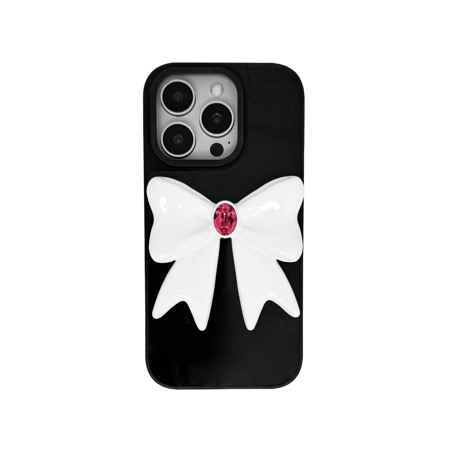 Ivory Gem Bow iPhone Case with glossy white 3D bow and Swarovski crystal centerpiece, available in black, white, or pink gem colors.