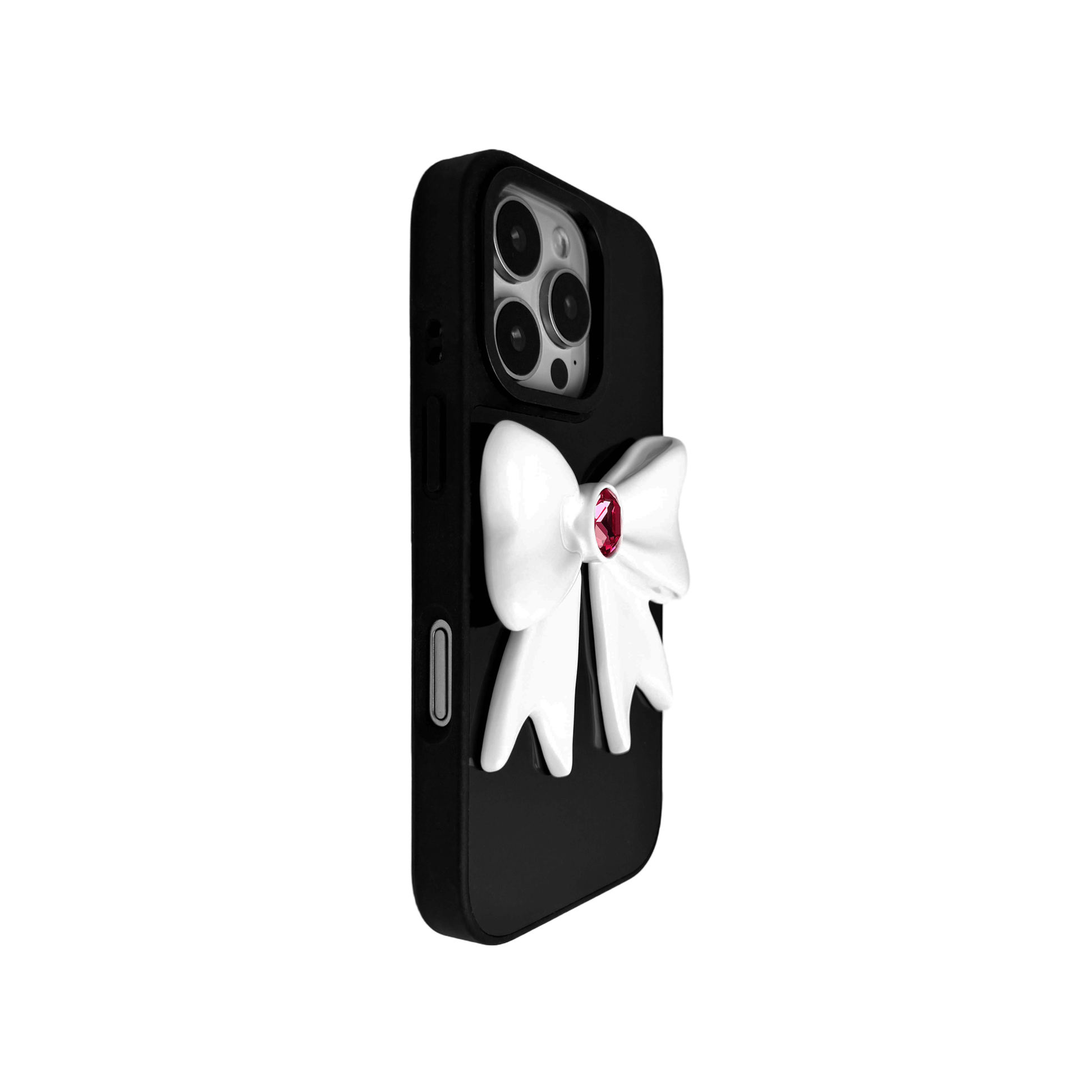 Ivory Gem Bow iPhone Case with glossy white 3D bow and Swarovski crystal centerpiece, available in black, white, or pink gem colors.