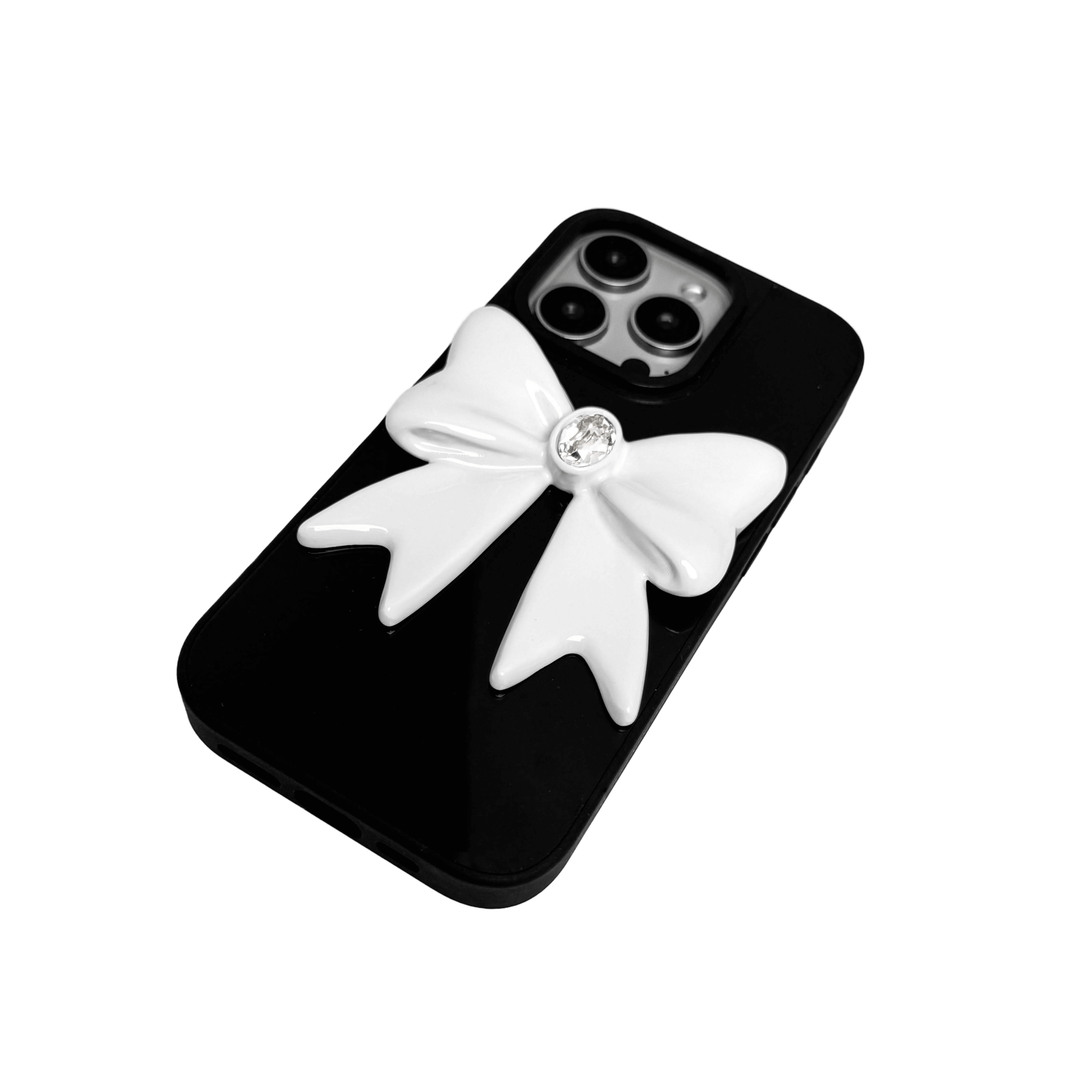 Ivory Gem Bow iPhone Case with glossy white 3D bow and Swarovski crystal centerpiece, available in black, white, or pink gem colors.