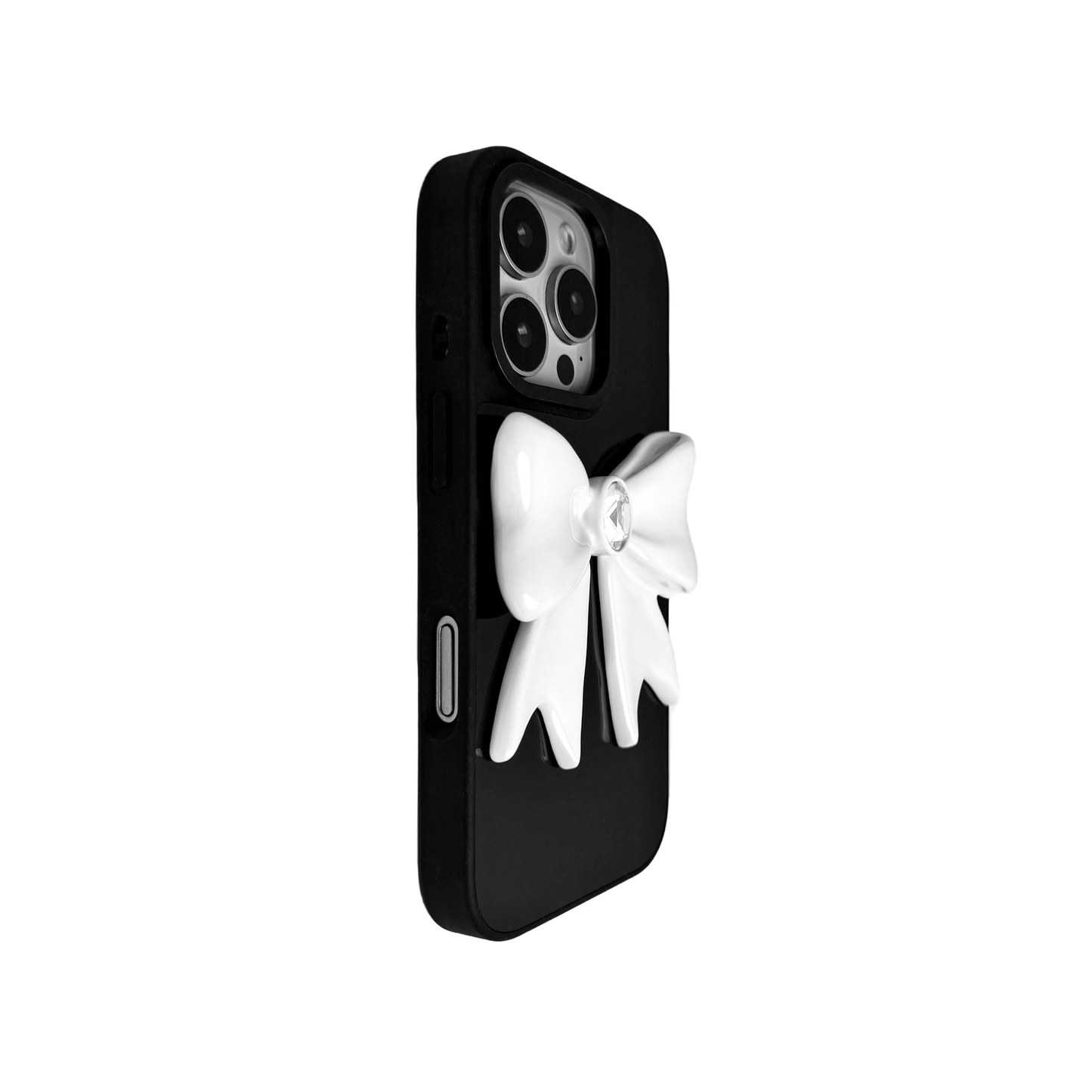 Ivory Gem Bow iPhone Case with glossy white 3D bow and Swarovski crystal centerpiece, available in black, white, or pink gem colors.