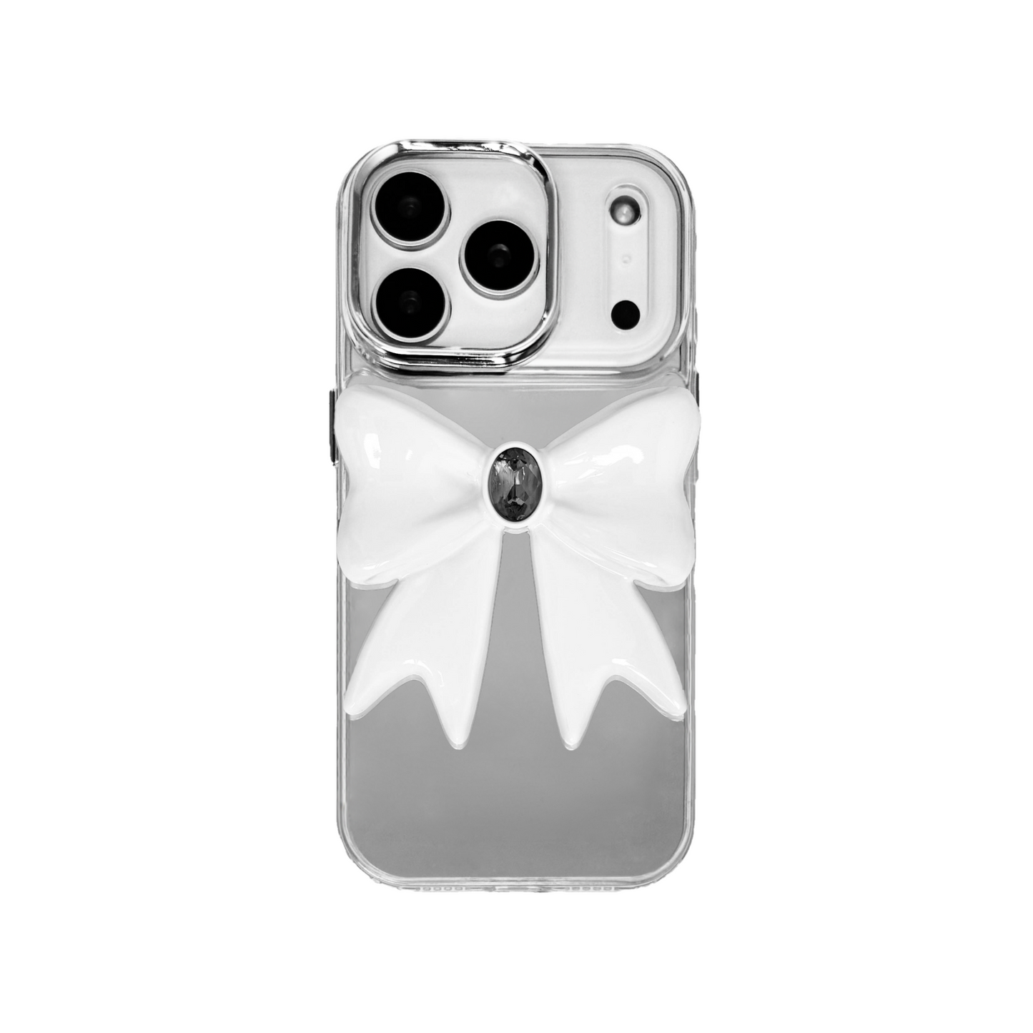 Ivory Gem Bow iPhone Case with glossy white 3D bow and Swarovski crystal centerpiece, available in black, white, or pink gem colors.
