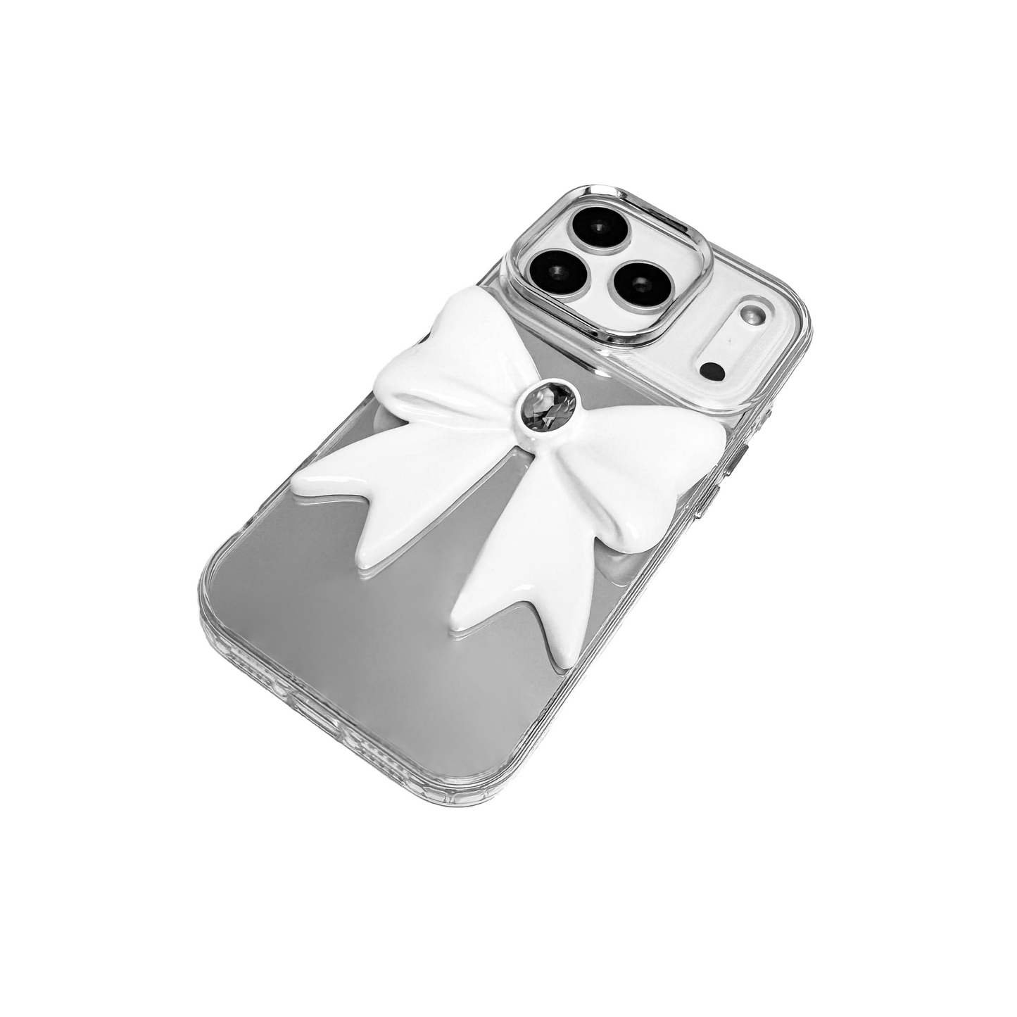 Ivory Gem Bow iPhone Case with glossy white 3D bow and Swarovski crystal centerpiece, available in black, white, or pink gem colors.