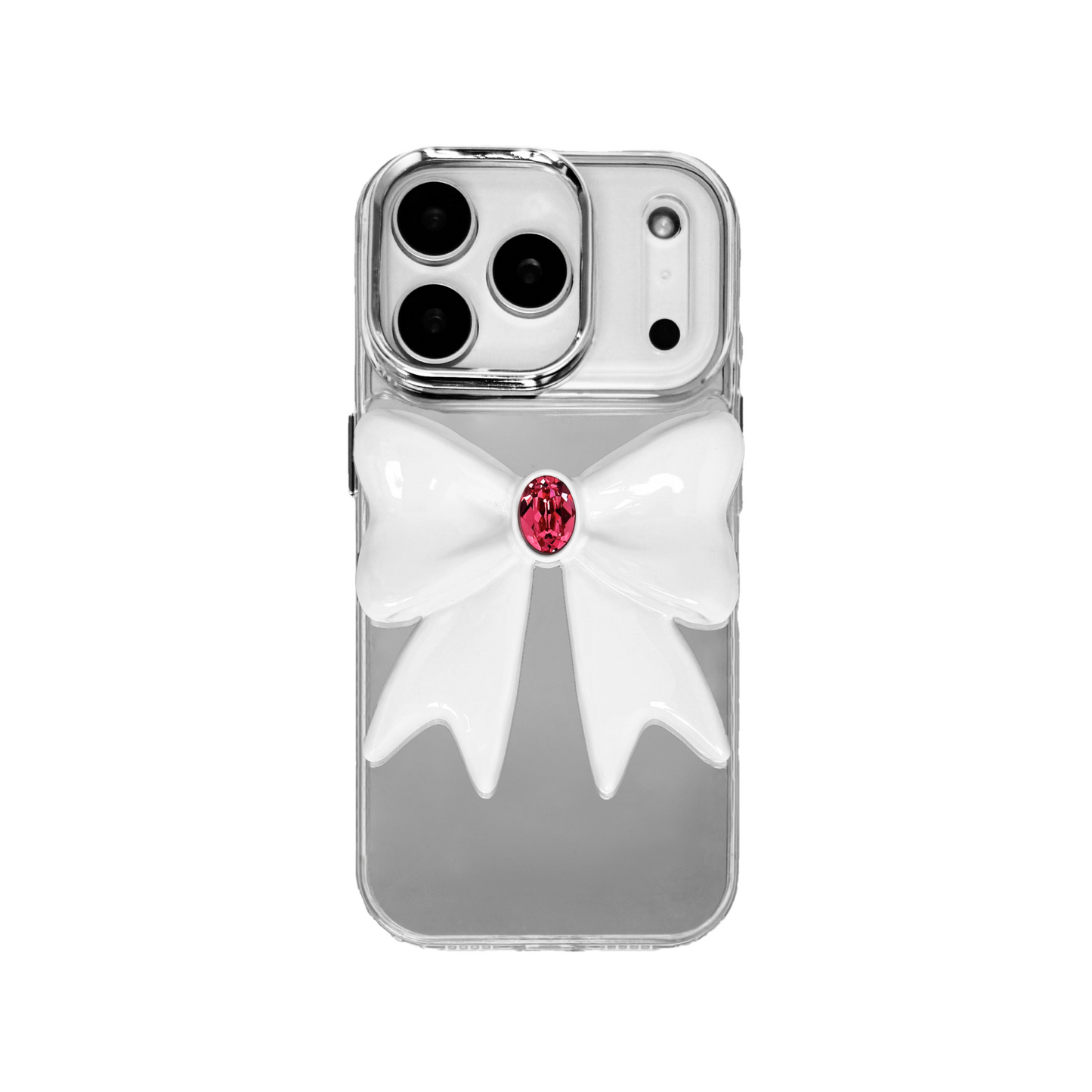 Ivory Gem Bow iPhone Case with glossy white 3D bow and Swarovski crystal centerpiece, available in black, white, or pink gem colors.