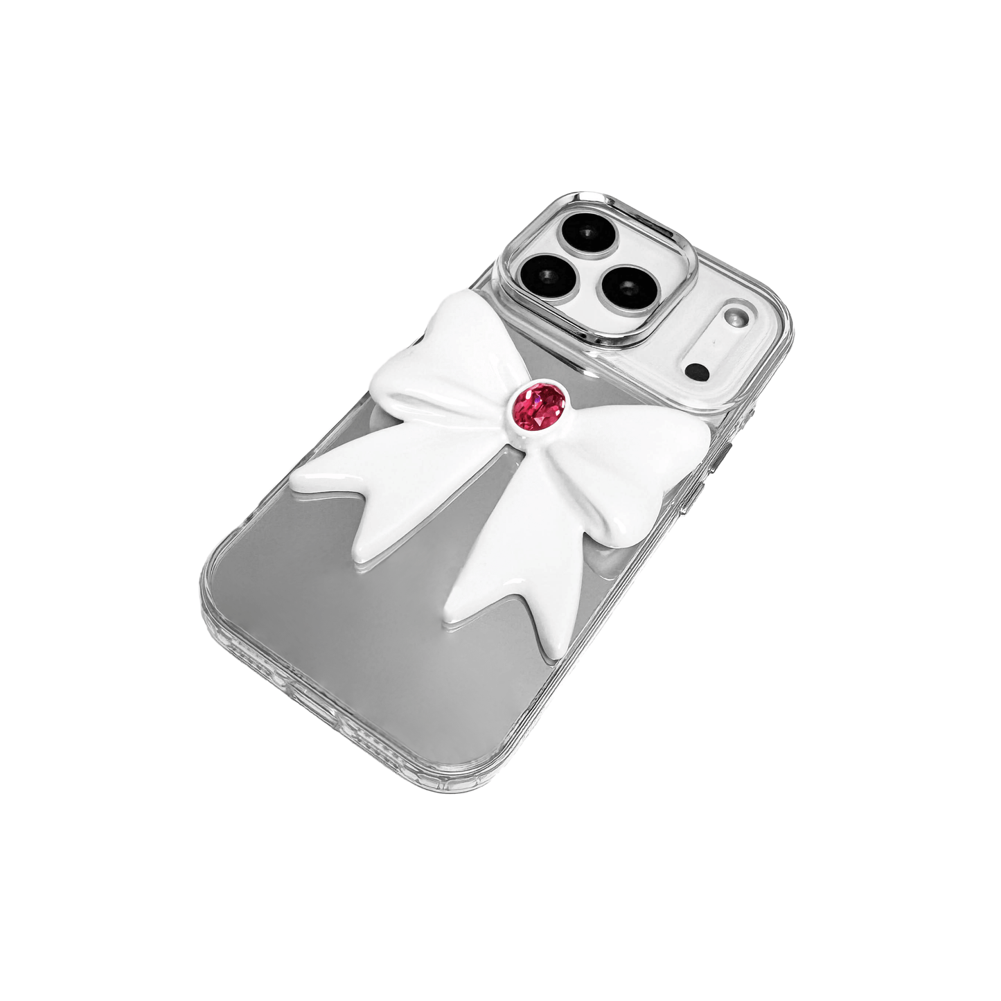 Ivory Gem Bow iPhone Case with glossy white 3D bow and Swarovski crystal centerpiece, available in black, white, or pink gem colors.