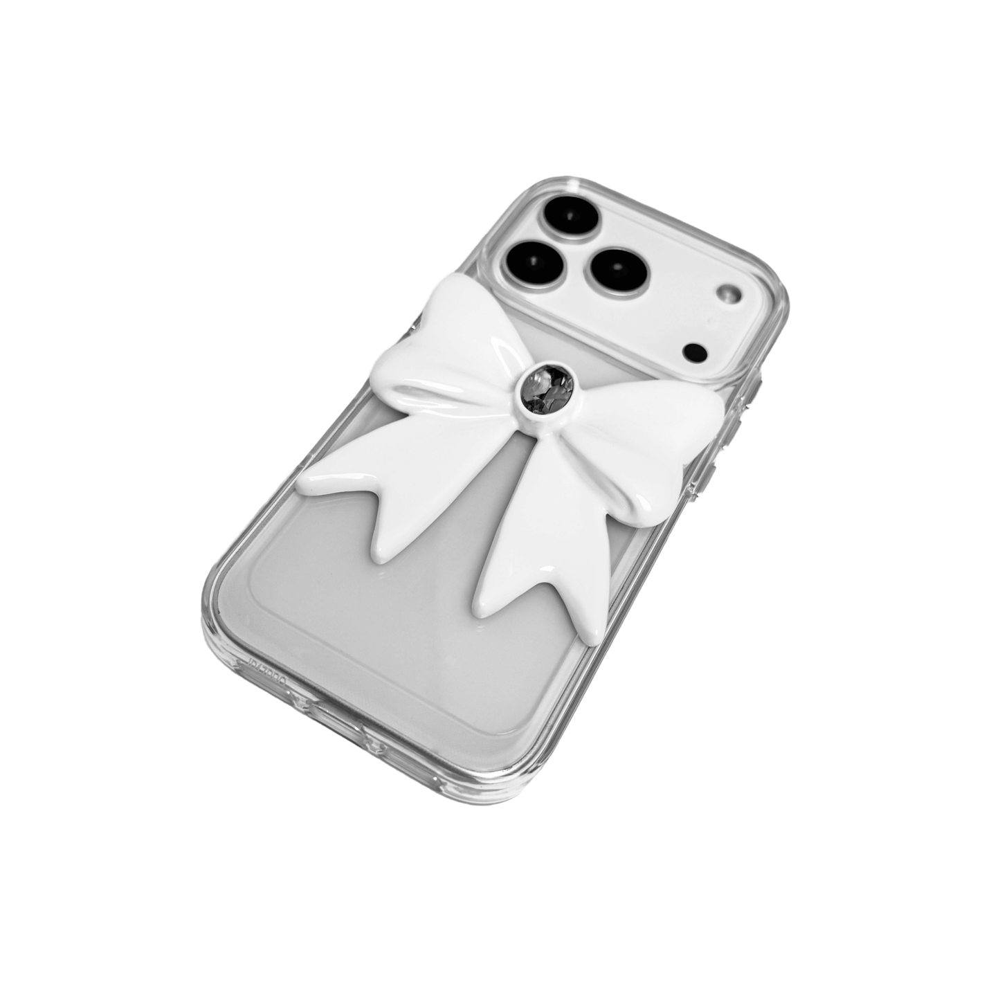 Ivory Gem Bow iPhone Case with glossy white 3D bow and Swarovski crystal centerpiece, available in black, white, or pink gem colors.