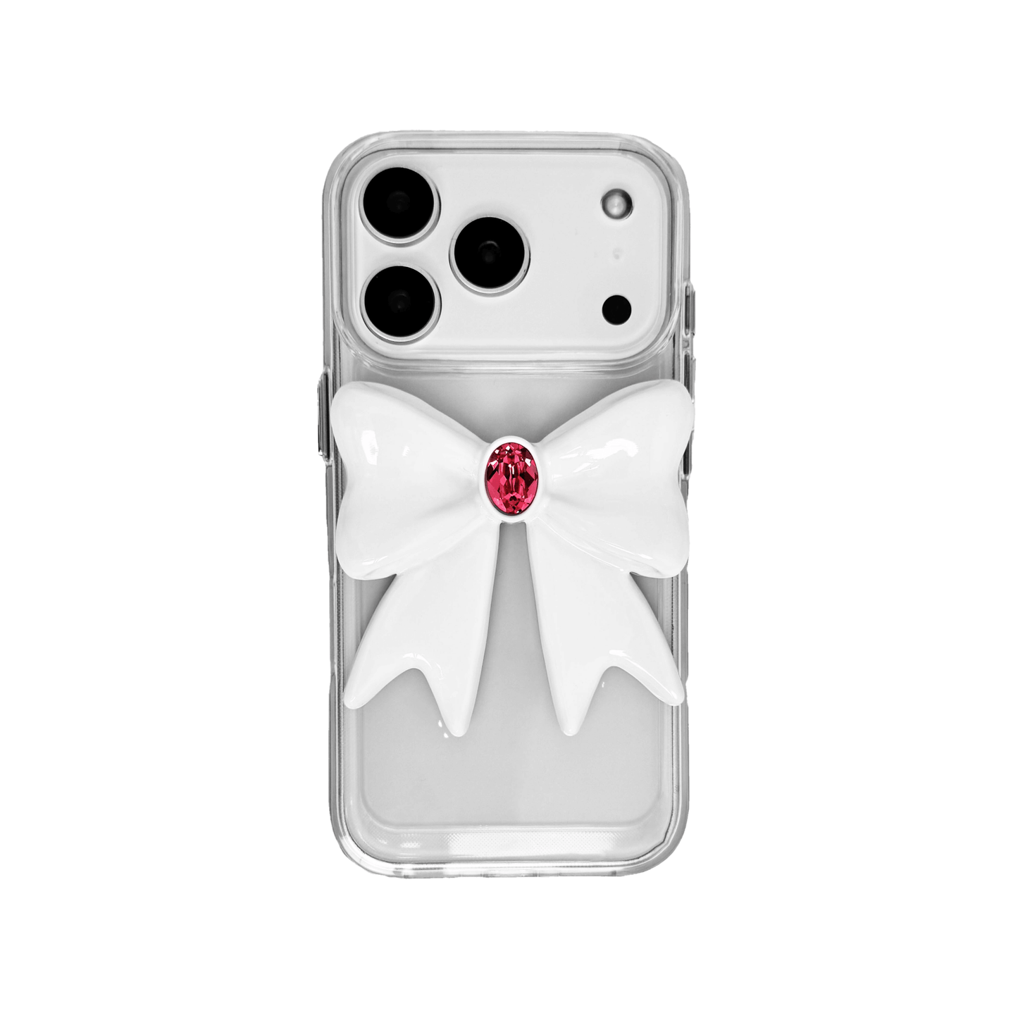 Ivory Gem Bow iPhone Case with glossy white 3D bow and Swarovski crystal centerpiece, available in black, white, or pink gem colors.