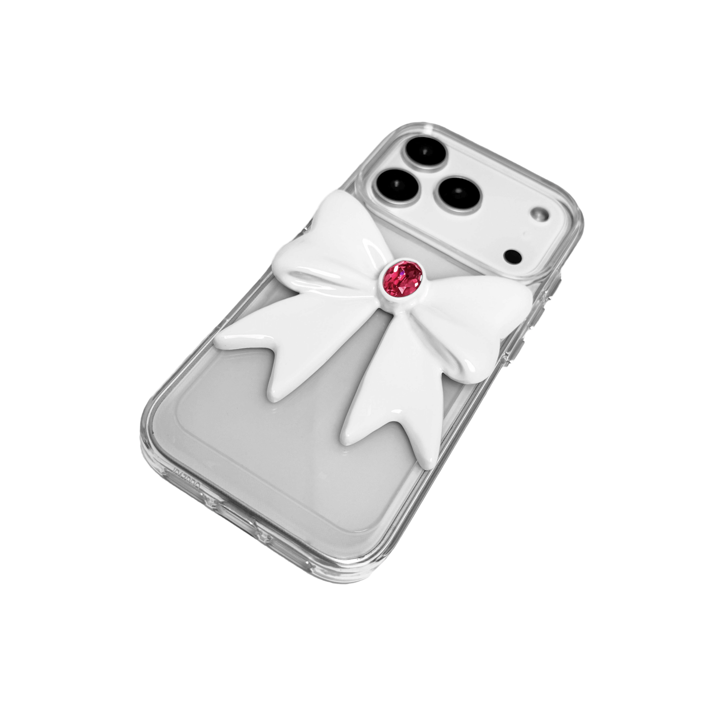 Ivory Gem Bow iPhone Case with glossy white 3D bow and Swarovski crystal centerpiece, available in black, white, or pink gem colors.