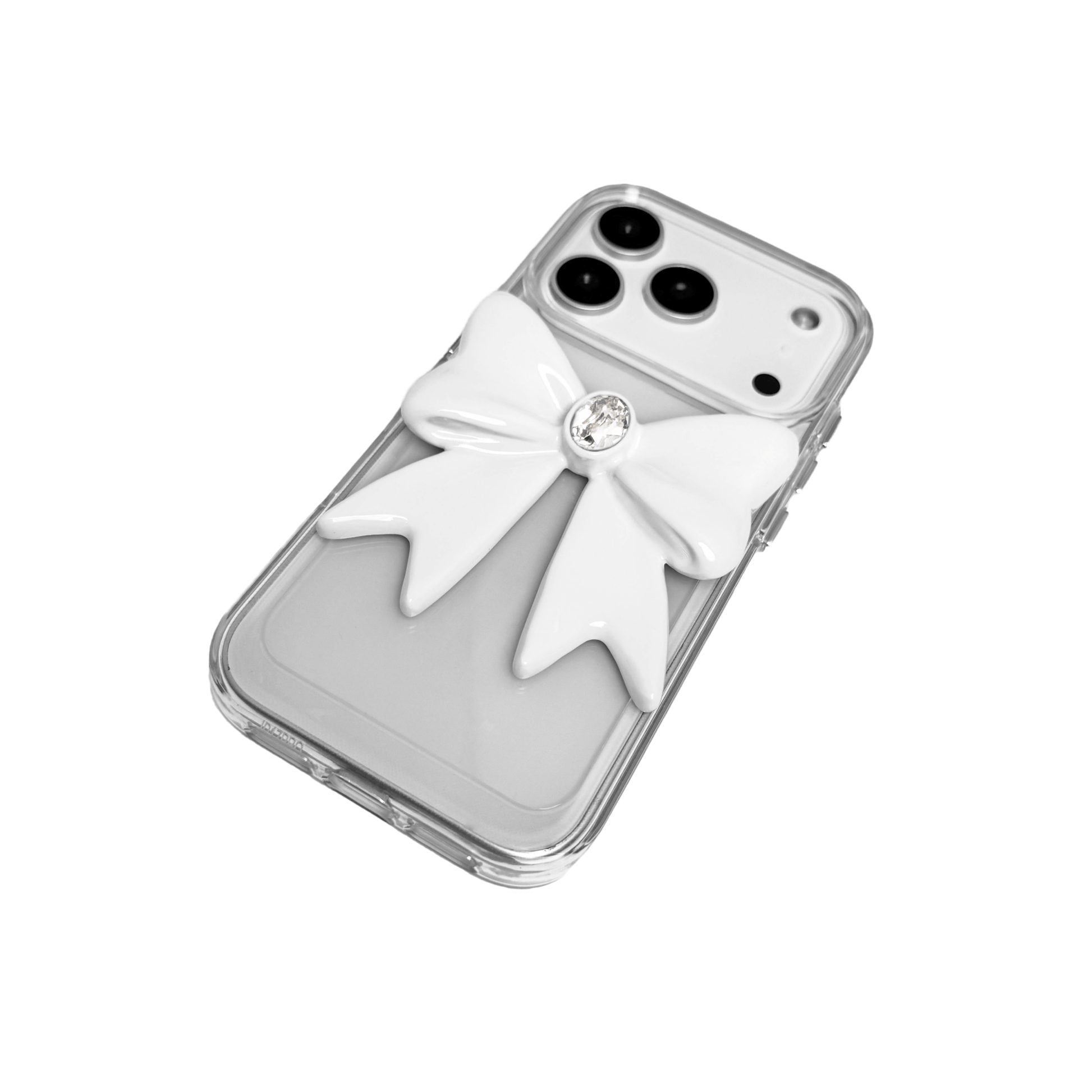 Ivory Gem Bow iPhone Case with glossy white 3D bow and Swarovski crystal centerpiece, available in black, white, or pink gem colors.
