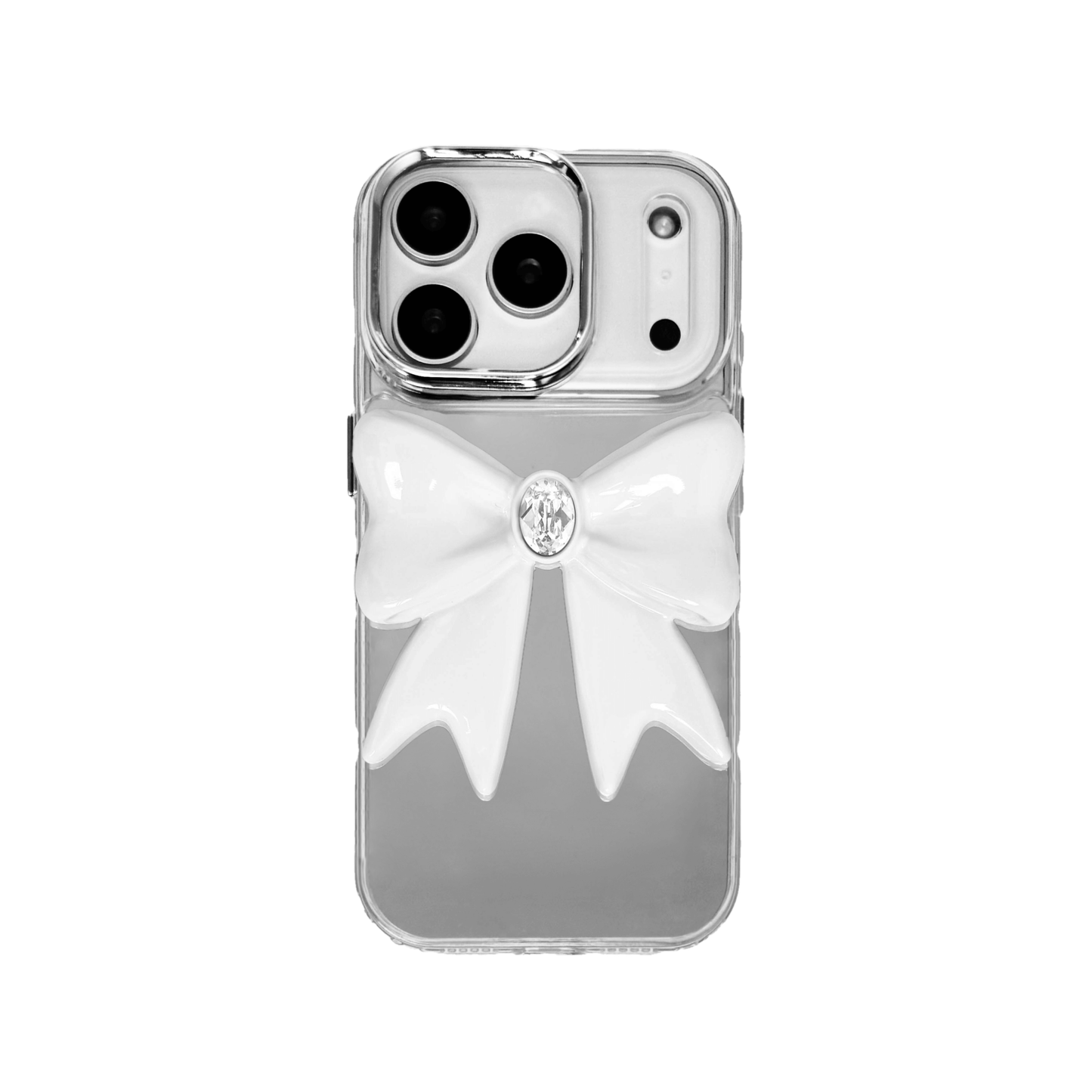 Ivory Gem Bow iPhone Case with glossy white 3D bow and Swarovski crystal centerpiece, available in black, white, or pink gem colors.