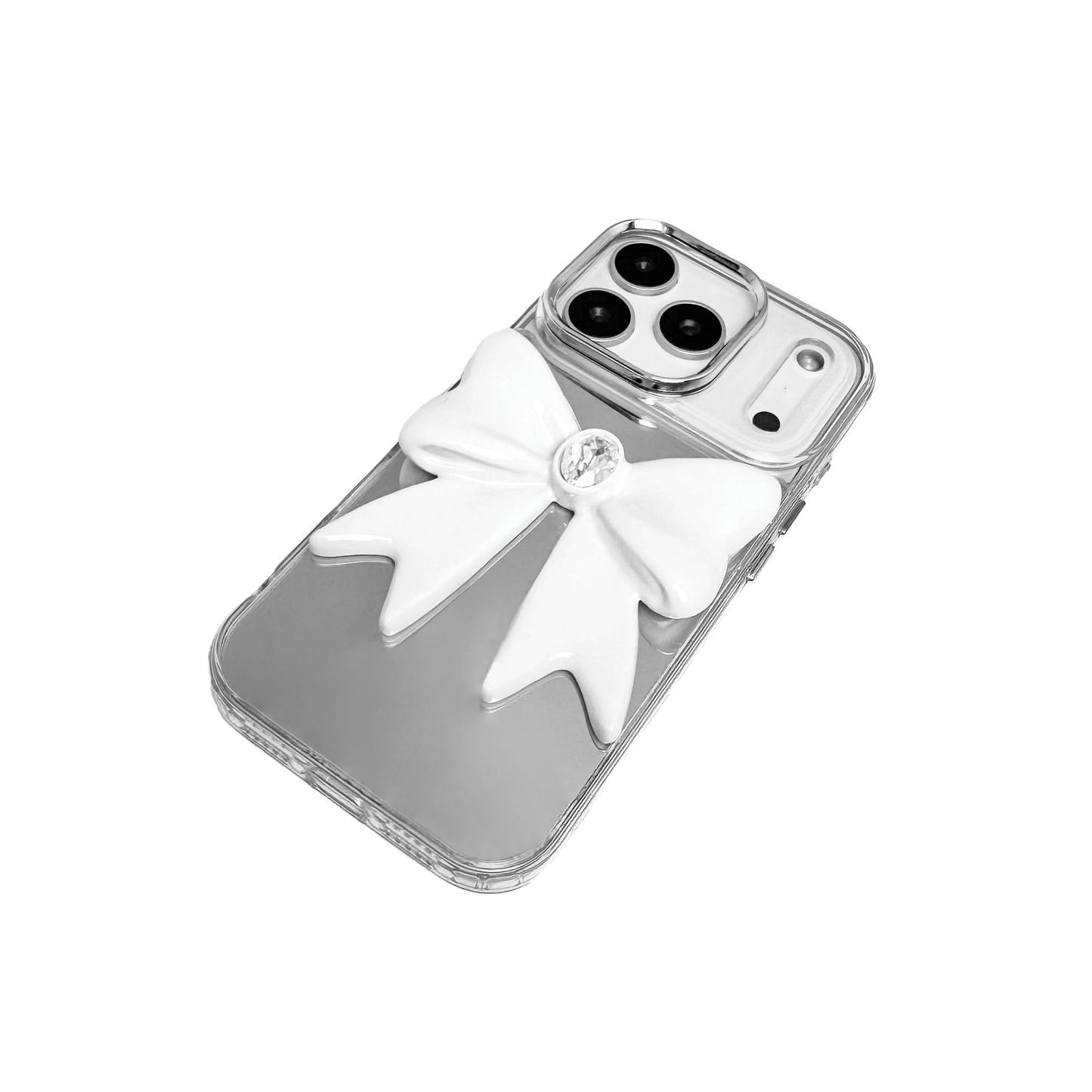 Ivory Gem Bow iPhone Case with glossy white 3D bow and Swarovski crystal centerpiece, available in black, white, or pink gem colors.