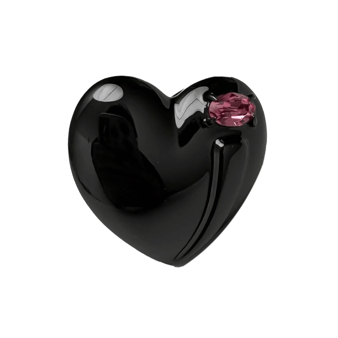 Slim band ring with a heart-shaped design and a pink Swarovski crystal centerpiece.