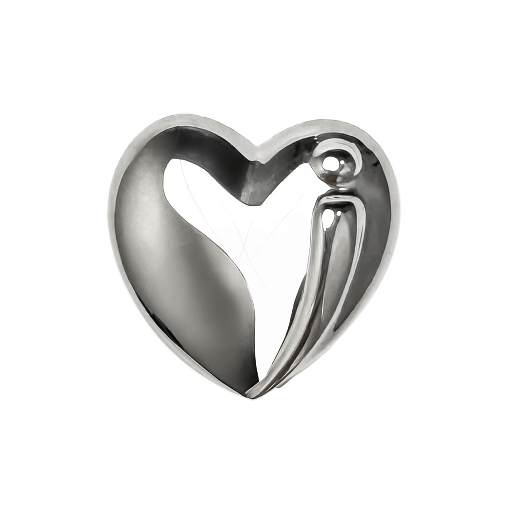 A silver metallic heart-shaped shoelace charm designed to slide onto shoelaces, adding a touch of elegance and playful style to sneakers.