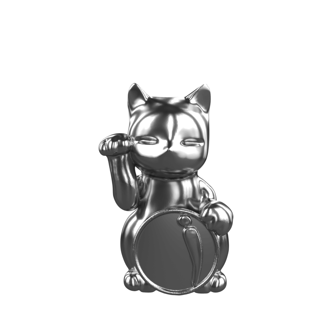 Futuristic chrome Maneki-neko sculpture – reflective silver lucky cat figure with raised paw and coin, blending traditional symbolism with modern minimalist form