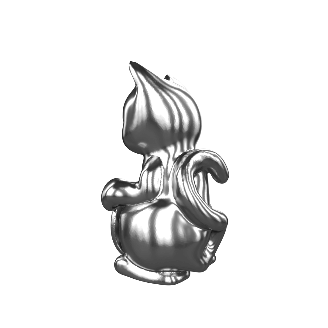 Futuristic chrome Maneki-neko sculpture – reflective silver lucky cat figure with raised paw and coin, blending traditional symbolism with modern minimalist form