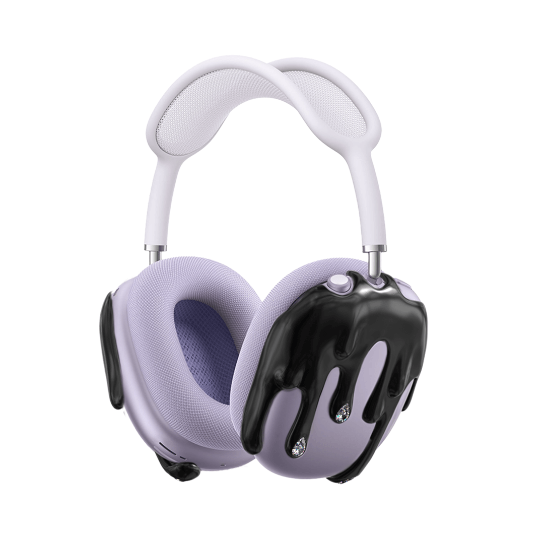 Front-facing view of MELTED AirPods Max Covers in black and silver, featuring a chrome drip design embedded with diamond-like crystals.