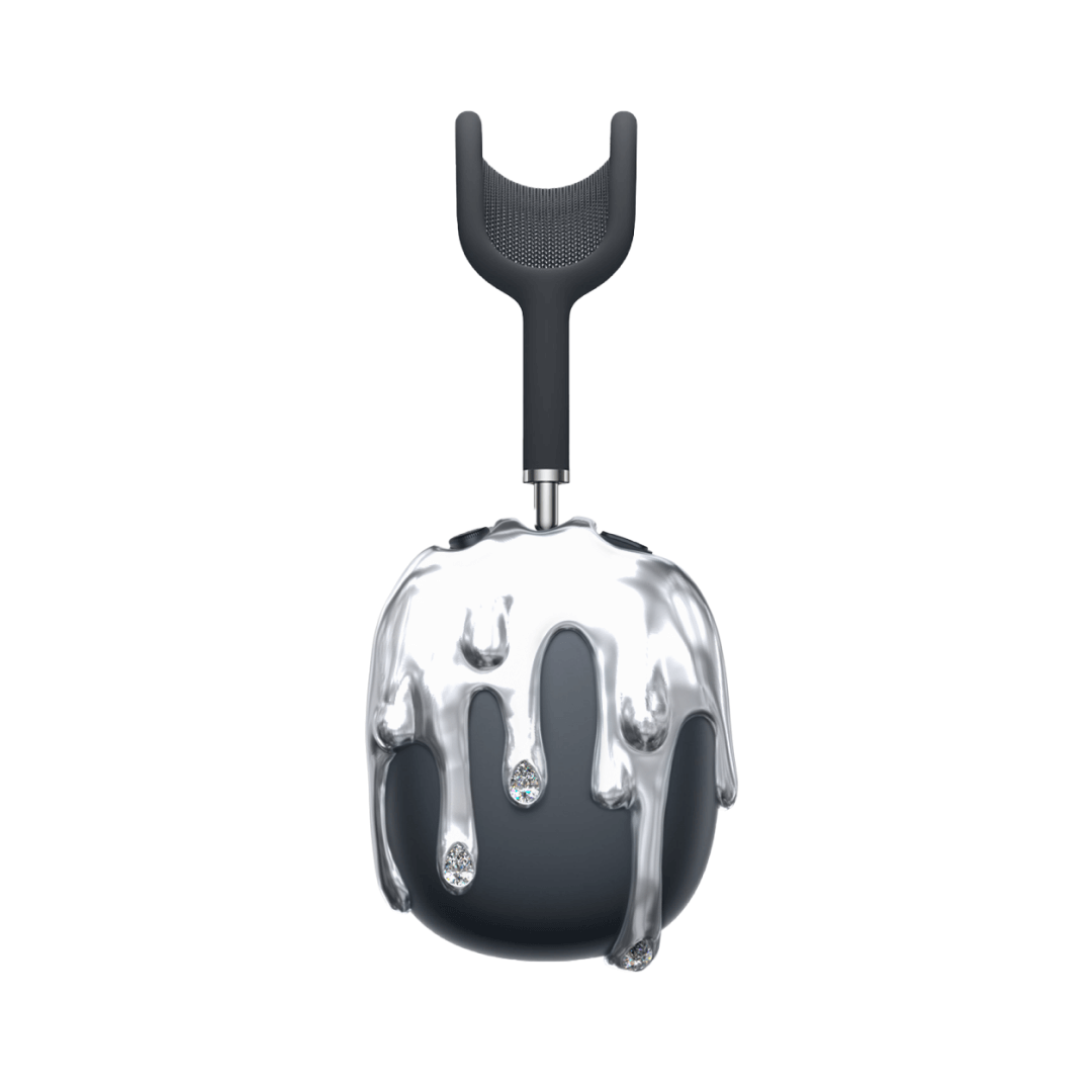 Front-facing view of MELTED AirPods Max Covers in black and silver, featuring a chrome drip design embedded with diamond-like crystals.