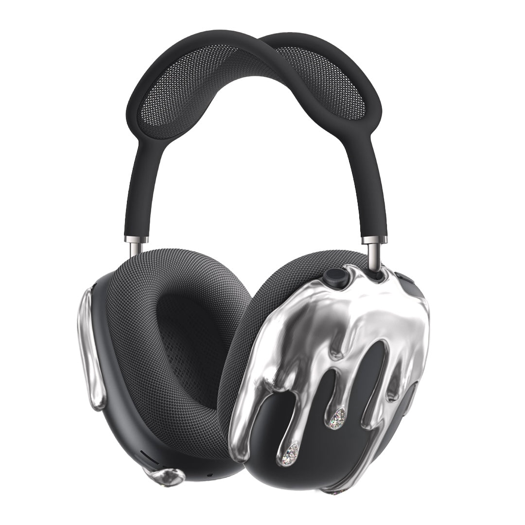Front-facing view of MELTED AirPods Max Covers in black and silver, featuring a chrome drip design embedded with diamond-like crystals.