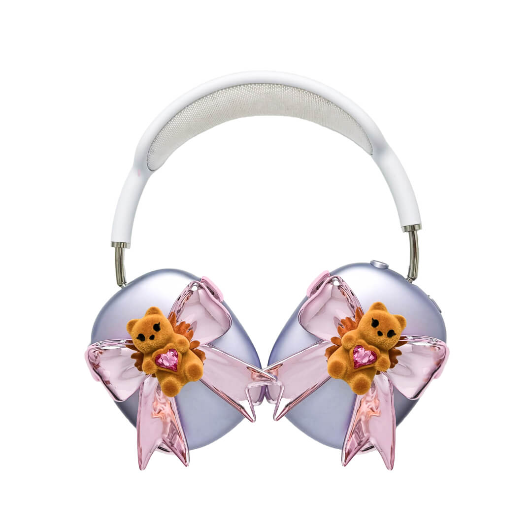 Pink bow AirPods Max cover featuring a beige bear holding a pink crystal heart, part of the Magic Bear series.