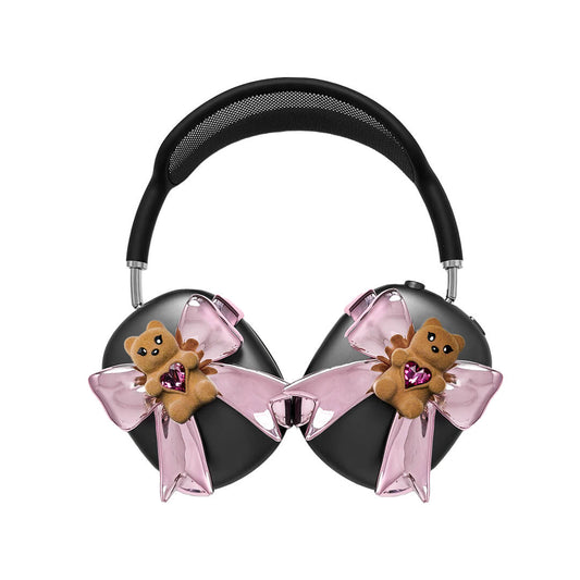 Pink bow AirPods Max cover featuring a beige bear holding a pink crystal heart, part of the Magic Bear series.