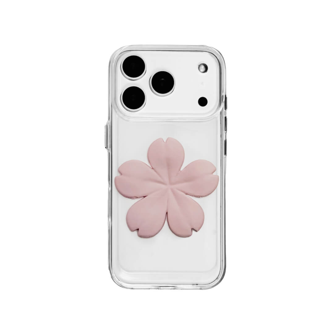 Matte Sakura iPhone Case collection showing three variants: Clear Case with Romantic Pink 3D Sakura, White Lychee Leather Case with Pure White 3D Sakura, and Clear Case with Blush Pink 3D Sakura. All feature the exclusive 3D printed floral relief design.