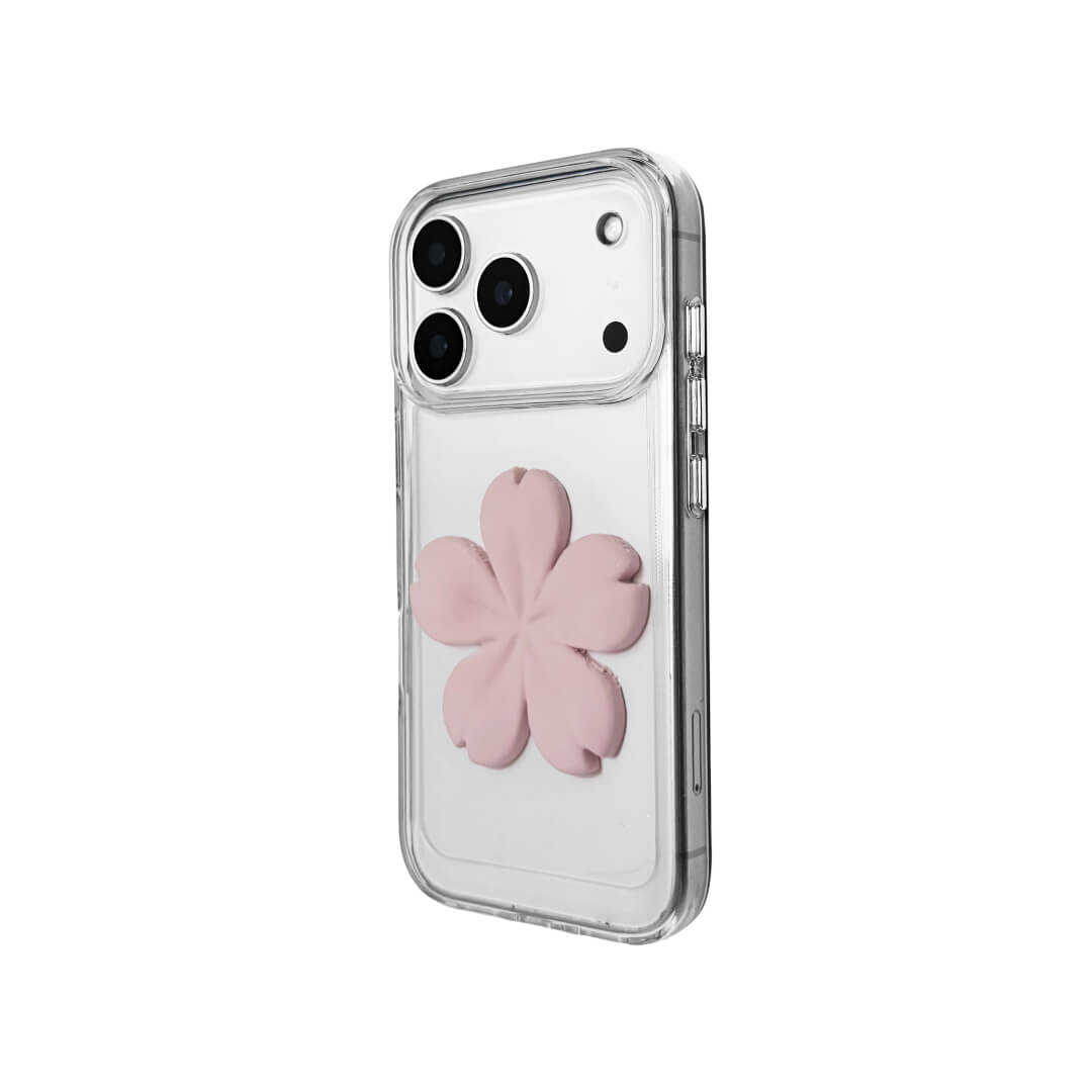 Matte Sakura iPhone Case collection showing three variants: Clear Case with Romantic Pink 3D Sakura, White Lychee Leather Case with Pure White 3D Sakura, and Clear Case with Blush Pink 3D Sakura. All feature the exclusive 3D printed floral relief design.