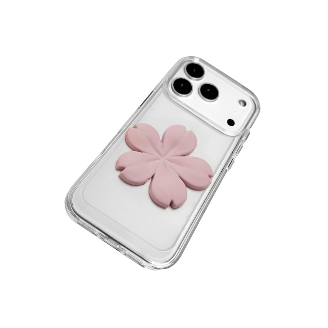 Matte Sakura iPhone Case collection showing three variants: Clear Case with Romantic Pink 3D Sakura, White Lychee Leather Case with Pure White 3D Sakura, and Clear Case with Blush Pink 3D Sakura. All feature the exclusive 3D printed floral relief design.