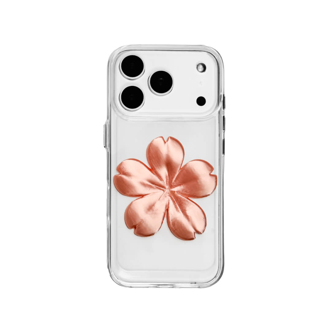 Matte Sakura iPhone Case collection showing three variants: Clear Case with Romantic Pink 3D Sakura, White Lychee Leather Case with Pure White 3D Sakura, and Clear Case with Blush Pink 3D Sakura. All feature the exclusive 3D printed floral relief design.