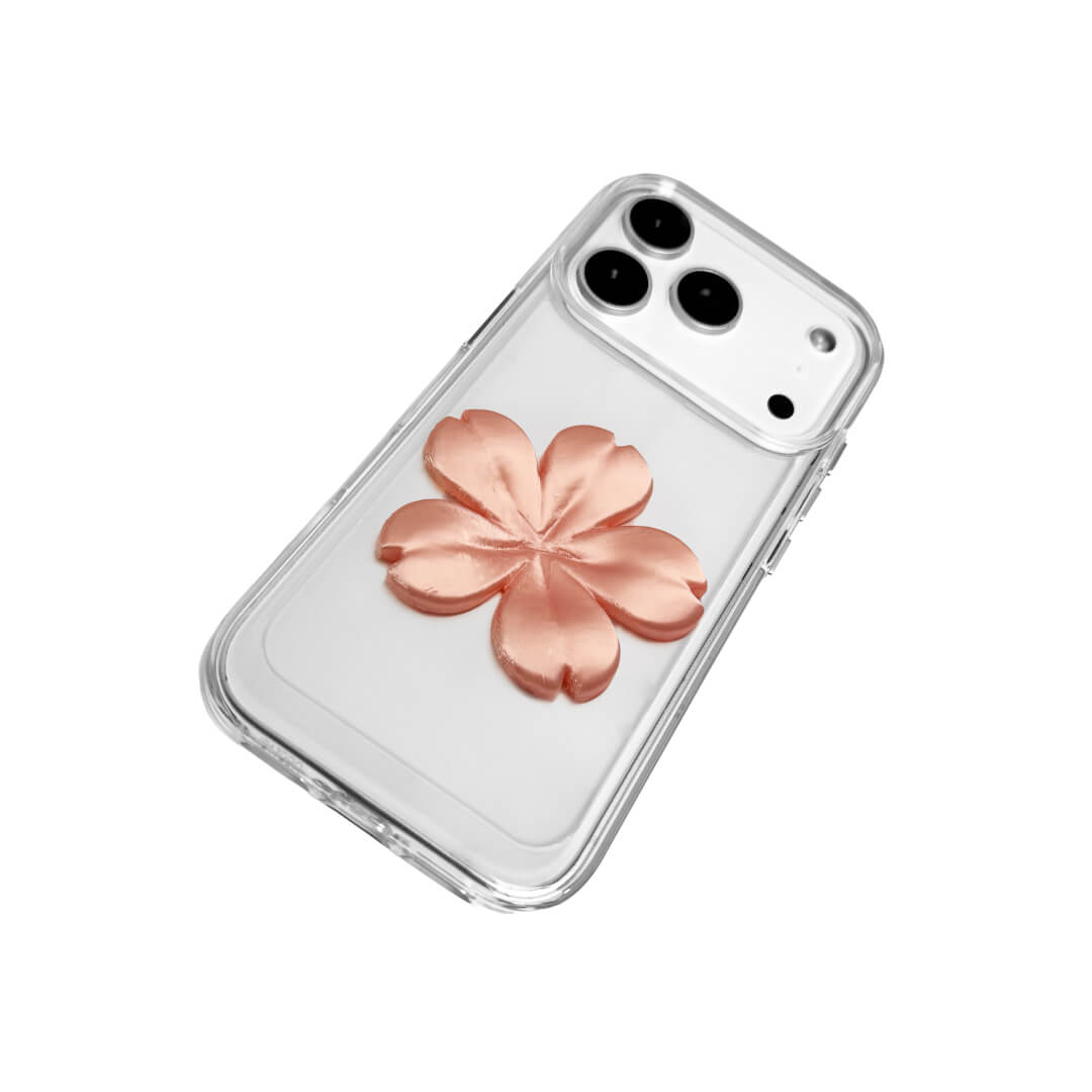 Matte Sakura iPhone Case collection showing three variants: Clear Case with Romantic Pink 3D Sakura, White Lychee Leather Case with Pure White 3D Sakura, and Clear Case with Blush Pink 3D Sakura. All feature the exclusive 3D printed floral relief design.