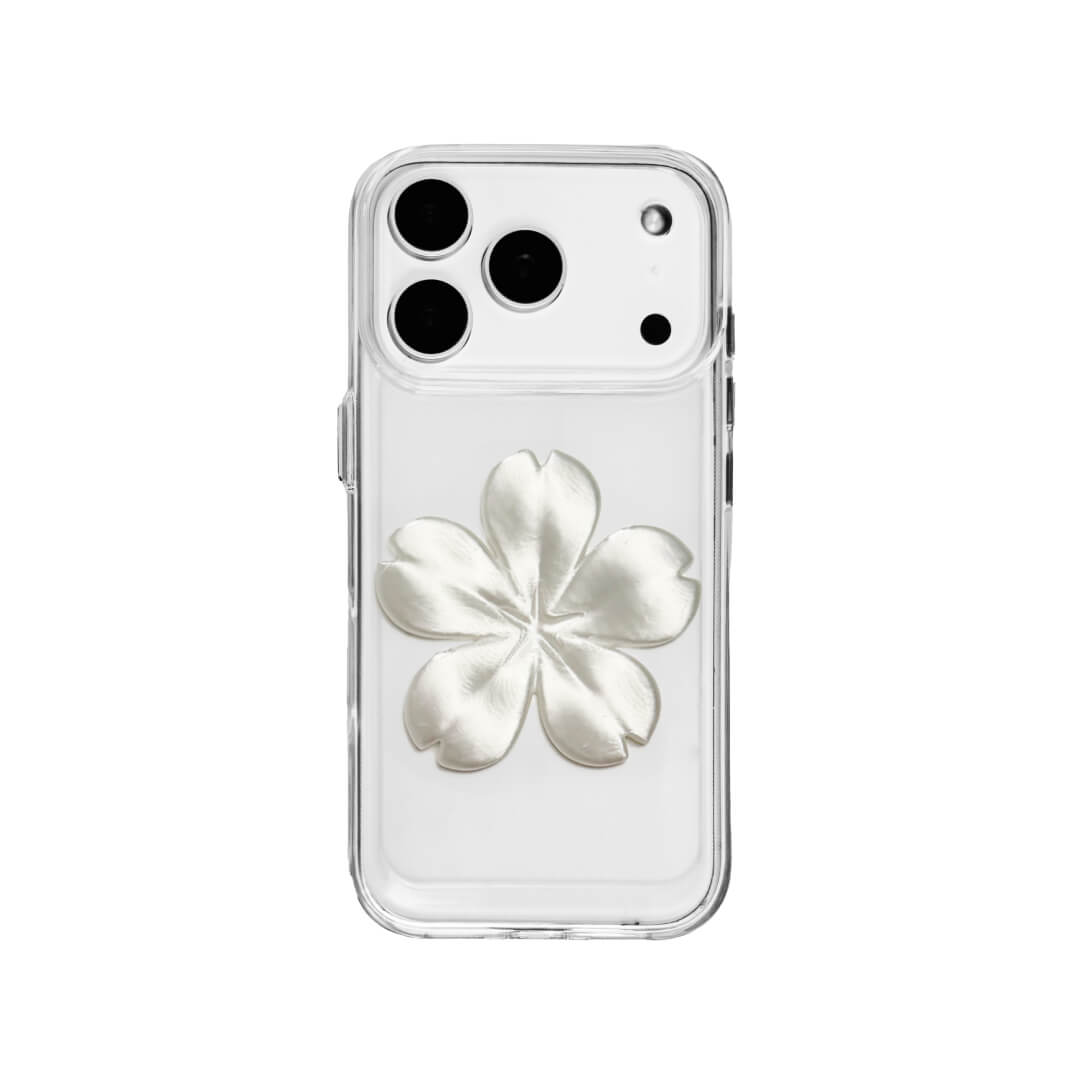 Matte Sakura iPhone Case collection showing three variants: Clear Case with Romantic Pink 3D Sakura, White Lychee Leather Case with Pure White 3D Sakura, and Clear Case with Blush Pink 3D Sakura. All feature the exclusive 3D printed floral relief design.
