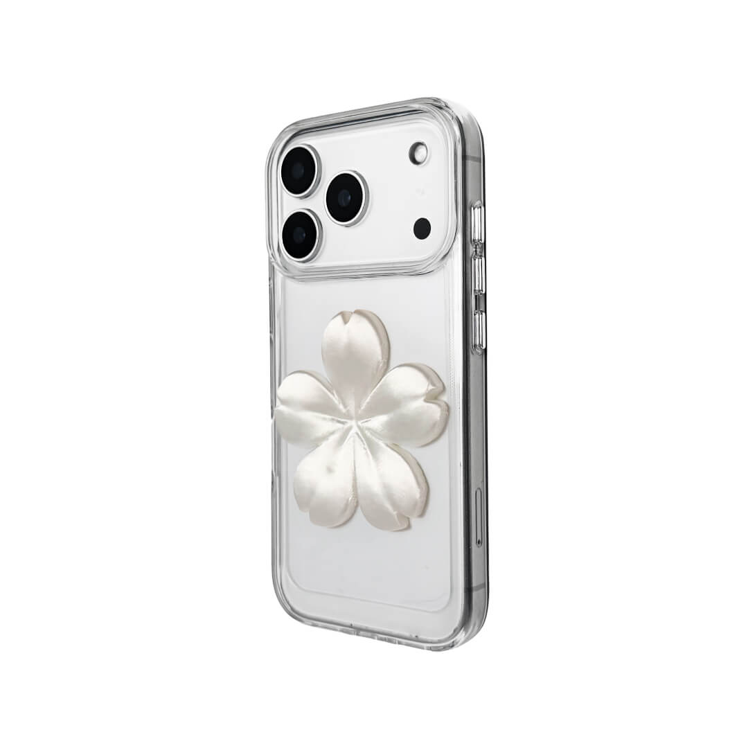 Matte Sakura iPhone Case collection showing three variants: Clear Case with Romantic Pink 3D Sakura, White Lychee Leather Case with Pure White 3D Sakura, and Clear Case with Blush Pink 3D Sakura. All feature the exclusive 3D printed floral relief design.