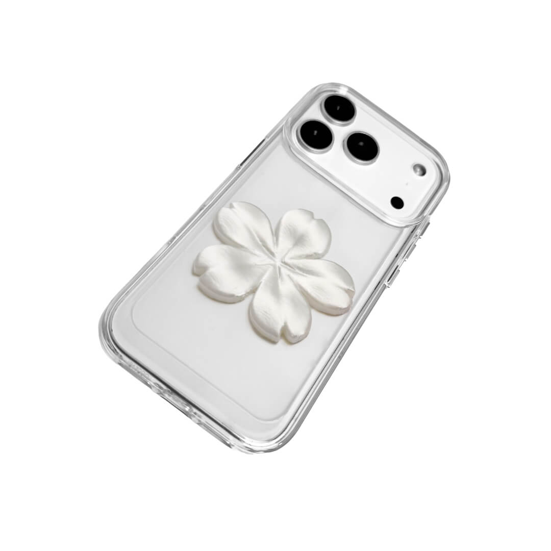 Matte Sakura iPhone Case collection showing three variants: Clear Case with Romantic Pink 3D Sakura, White Lychee Leather Case with Pure White 3D Sakura, and Clear Case with Blush Pink 3D Sakura. All feature the exclusive 3D printed floral relief design.