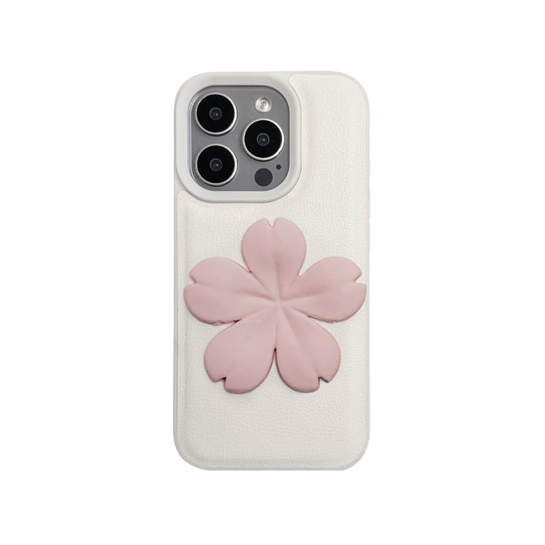 Matte Sakura iPhone Case collection showing three variants: Clear Case with Romantic Pink 3D Sakura, White Lychee Leather Case with Pure White 3D Sakura, and Clear Case with Blush Pink 3D Sakura. All feature the exclusive 3D printed floral relief design.