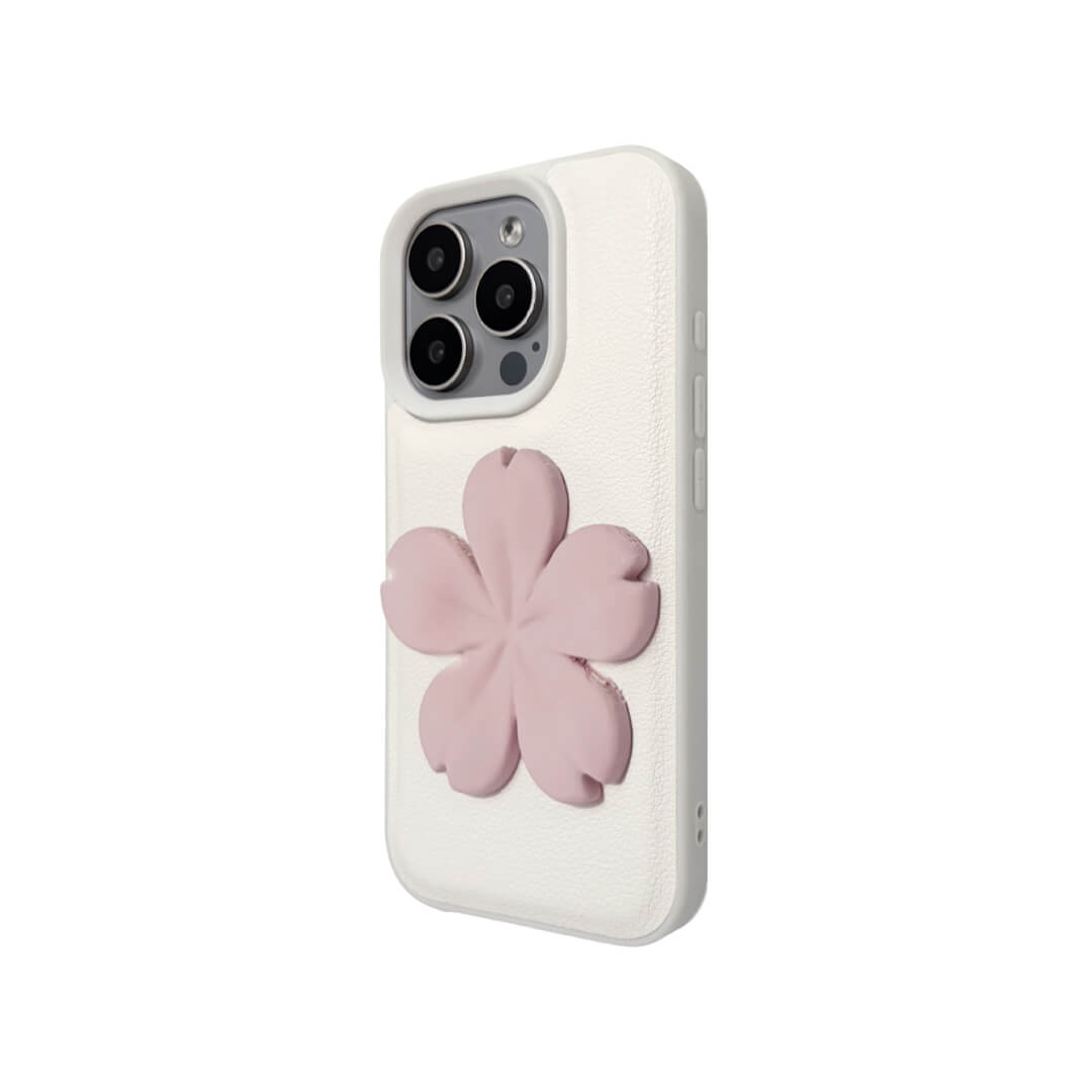 Matte Sakura iPhone Case collection showing three variants: Clear Case with Romantic Pink 3D Sakura, White Lychee Leather Case with Pure White 3D Sakura, and Clear Case with Blush Pink 3D Sakura. All feature the exclusive 3D printed floral relief design.