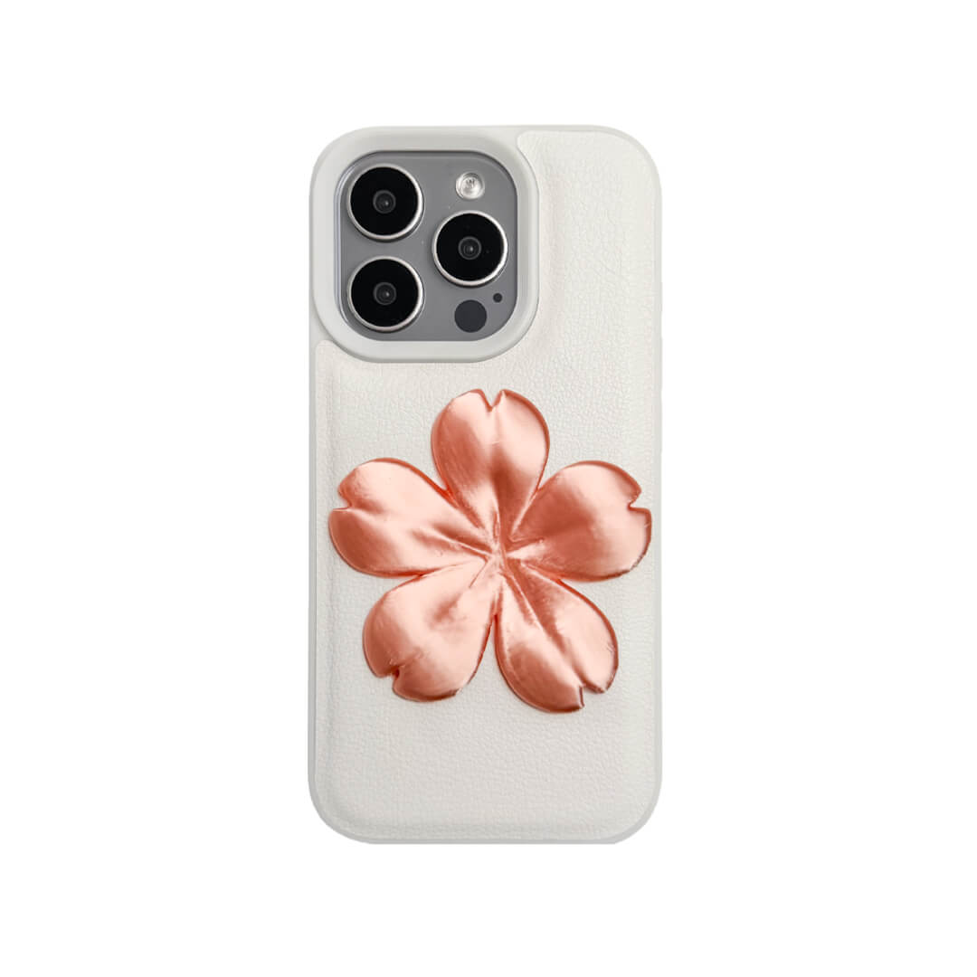 Matte Sakura iPhone Case collection showing three variants: Clear Case with Romantic Pink 3D Sakura, White Lychee Leather Case with Pure White 3D Sakura, and Clear Case with Blush Pink 3D Sakura. All feature the exclusive 3D printed floral relief design.