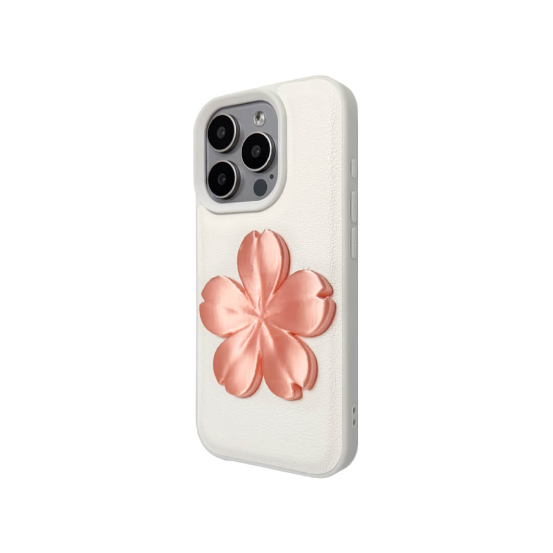 Matte Sakura iPhone Case collection showing three variants: Clear Case with Romantic Pink 3D Sakura, White Lychee Leather Case with Pure White 3D Sakura, and Clear Case with Blush Pink 3D Sakura. All feature the exclusive 3D printed floral relief design.